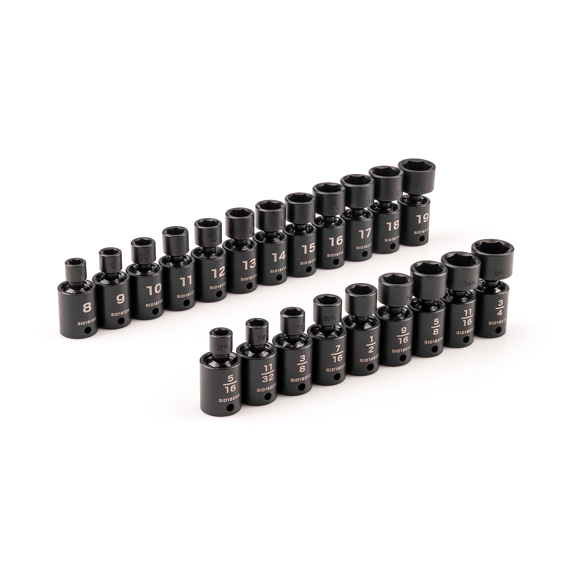 TEKTON 3/8 Inch Drive Shallow 6-Point Universal Joint Impact Socket Set, 21-Piece (5/16 - 3/4 in., 8 - 19 mm) | SID97004