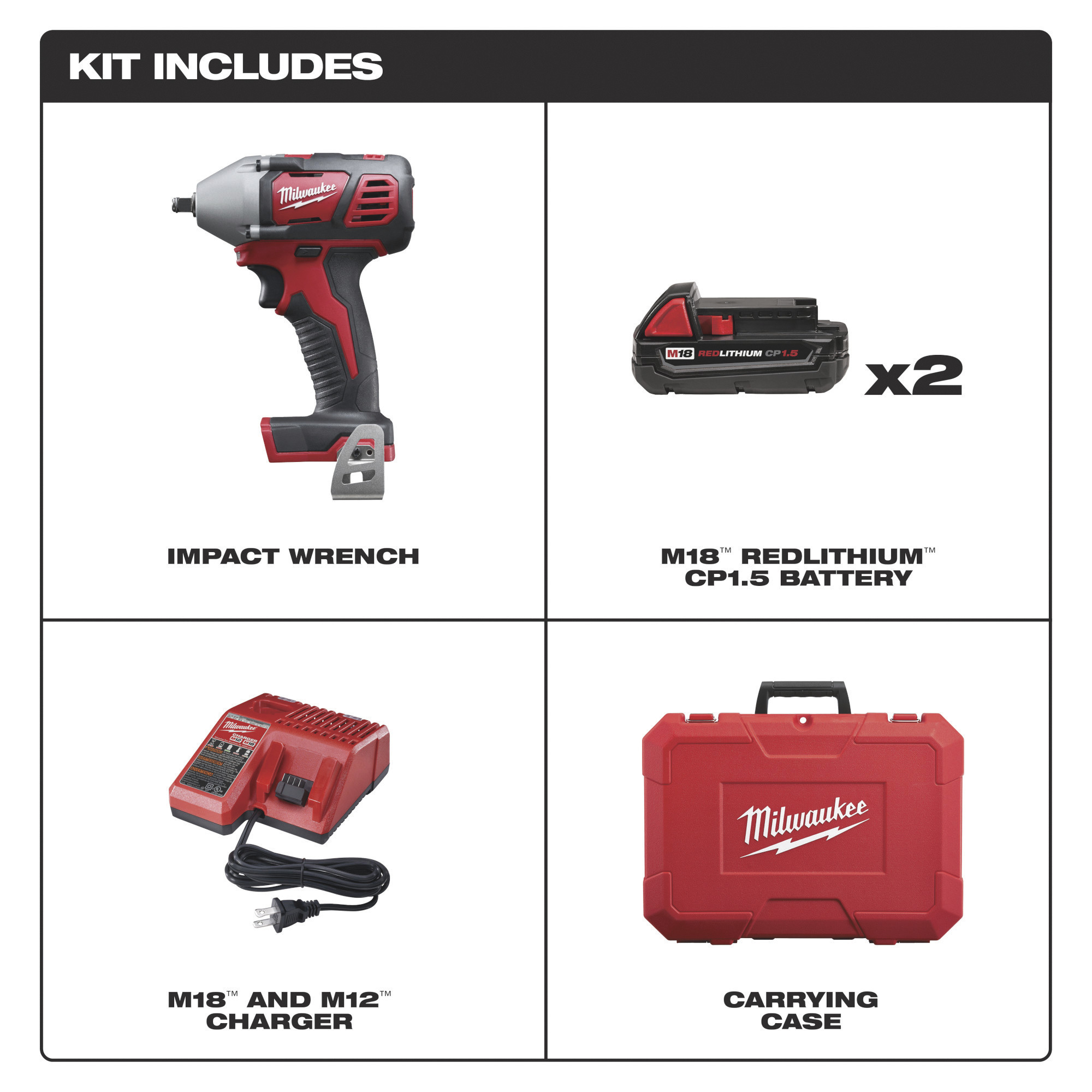 Milwaukee M18 3/8in. Impact Wrench Kit, With 2 Batteries, 18 Volt