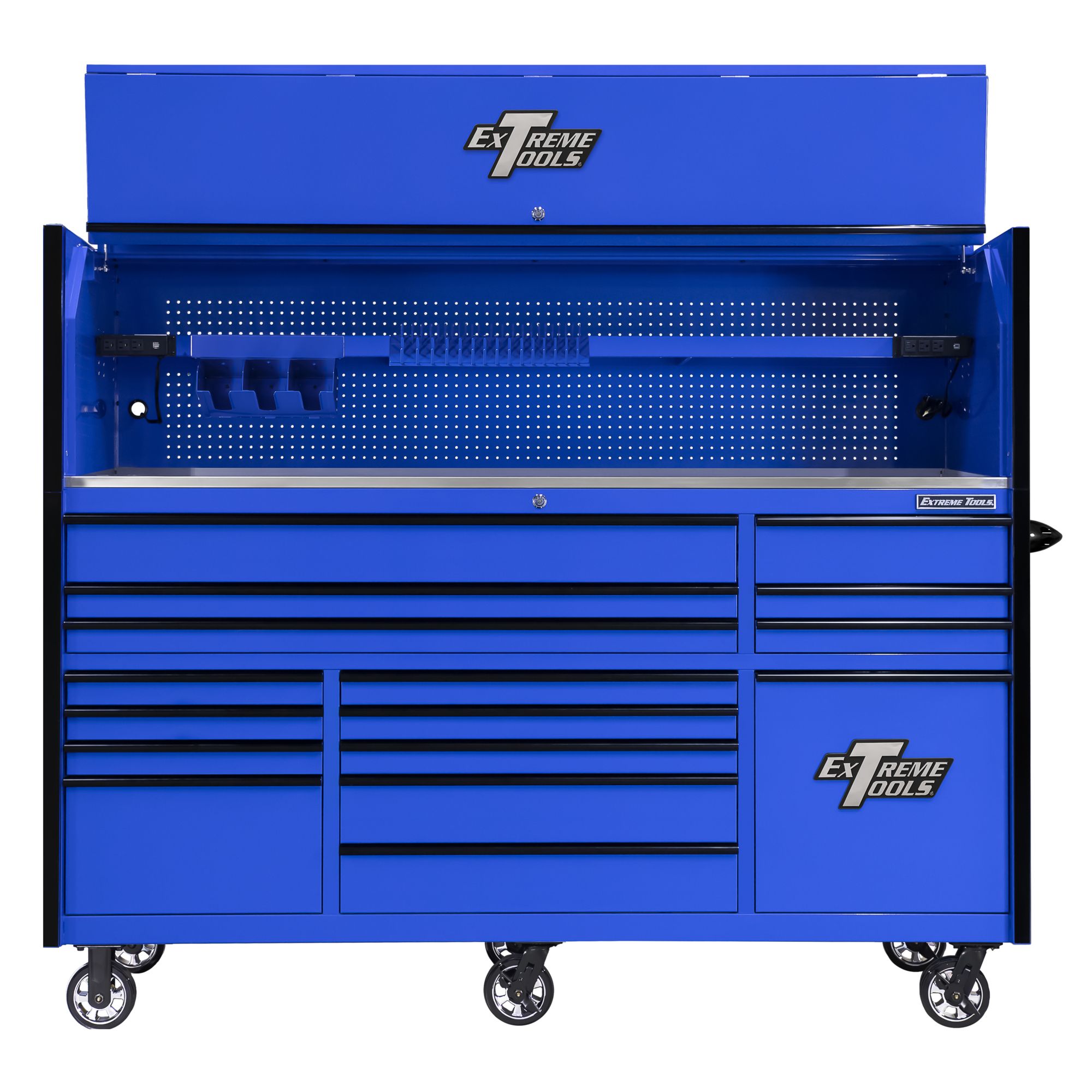 Extreme Tools, RX 84in.Wx30in.D Ext Pwr Wrkstn Hutch/Roll Cab Combo, Width 30.1 in, Height 68.5 in, Color Black, Model# RXQ8417HRKU
