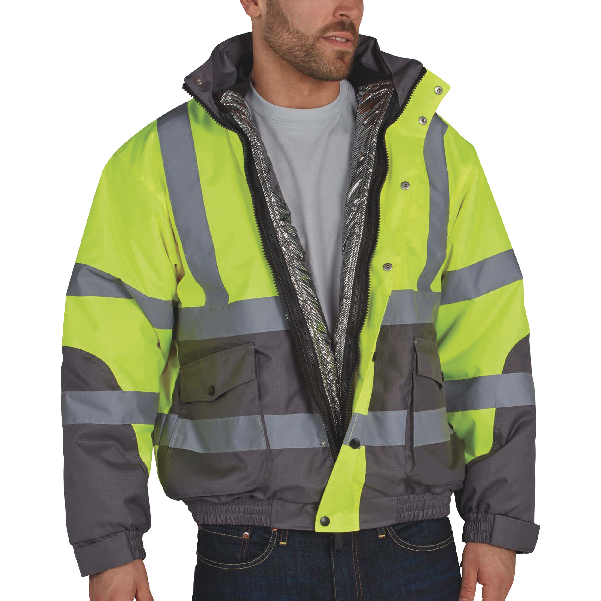 Utility Pro Men's Class 3 High Visibility Bomber Jacket with Heat Core Liner, Lime, 3XL, Model# UHV887X