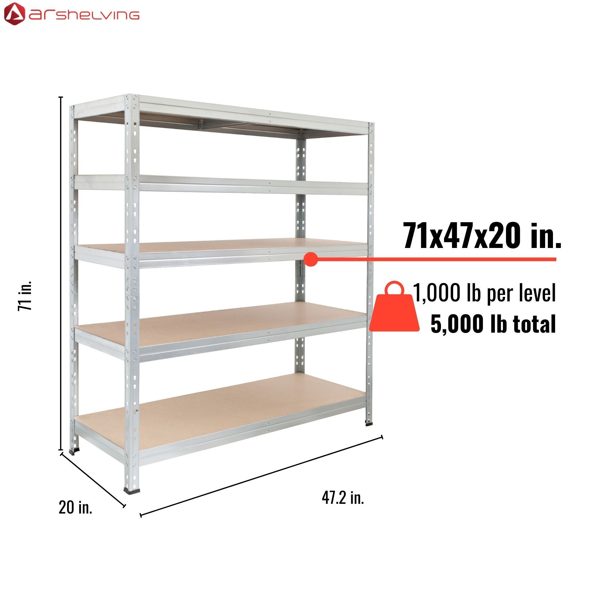 AR Shelving, Heavy Duty 5000 Lb Galvanized Steel Durable Collection, Height 71 in, Width 47.2 in, Depth 20 in, Model# RIVET 47/20 1000