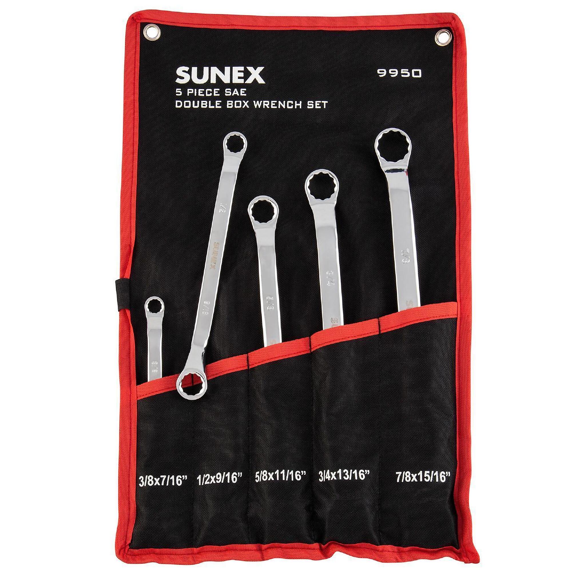 Sunex Tools Full Polish SAE Double Box Wrench Set — 5-Piece, 45-Degree Offset, Chrome Plated, Model# 9950