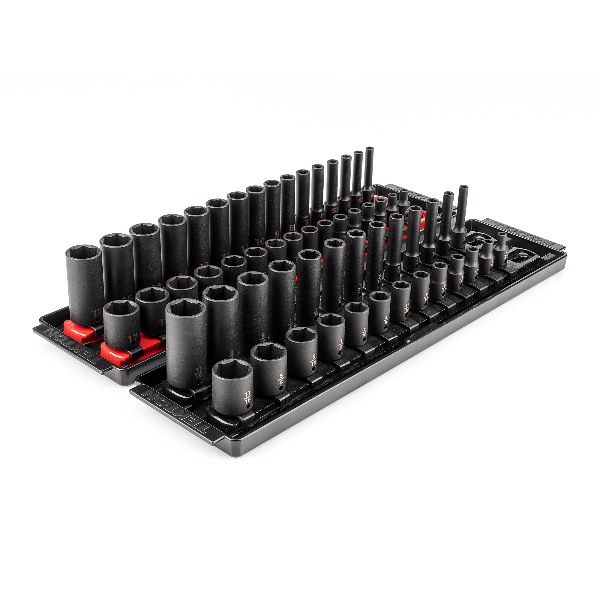 TEKTON 1/4 Inch Drive Shallow and Deep 6-Point Impact Socket Set with Rails and Trays, 58-Piece (5/32 - 11/16 in., 4 - 17 mm) | SID90202