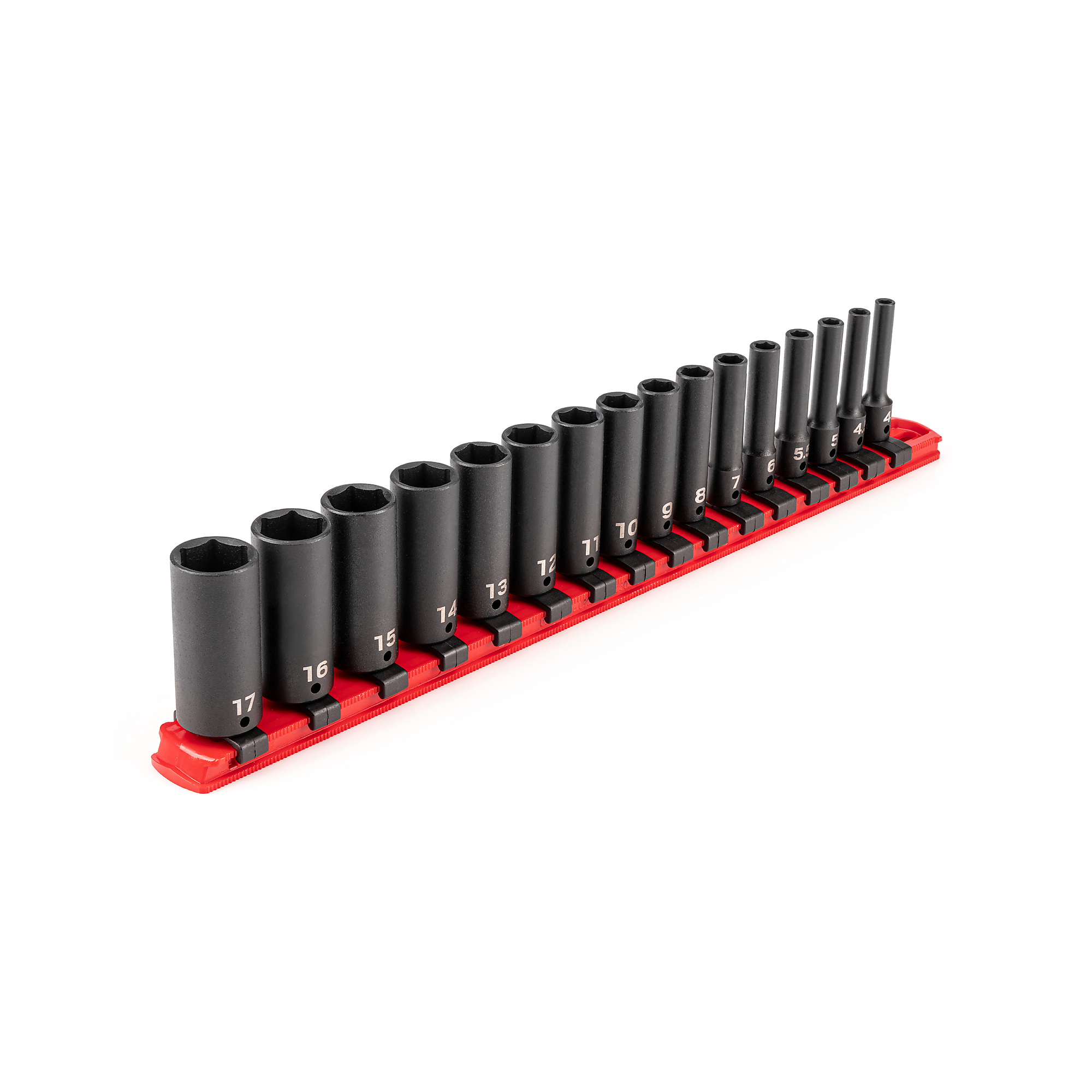 TEKTON 1/4 Inch Drive Deep 6-Point Impact Socket Set with Rail, 16-Piece (4 - 17 mm) | SID90103