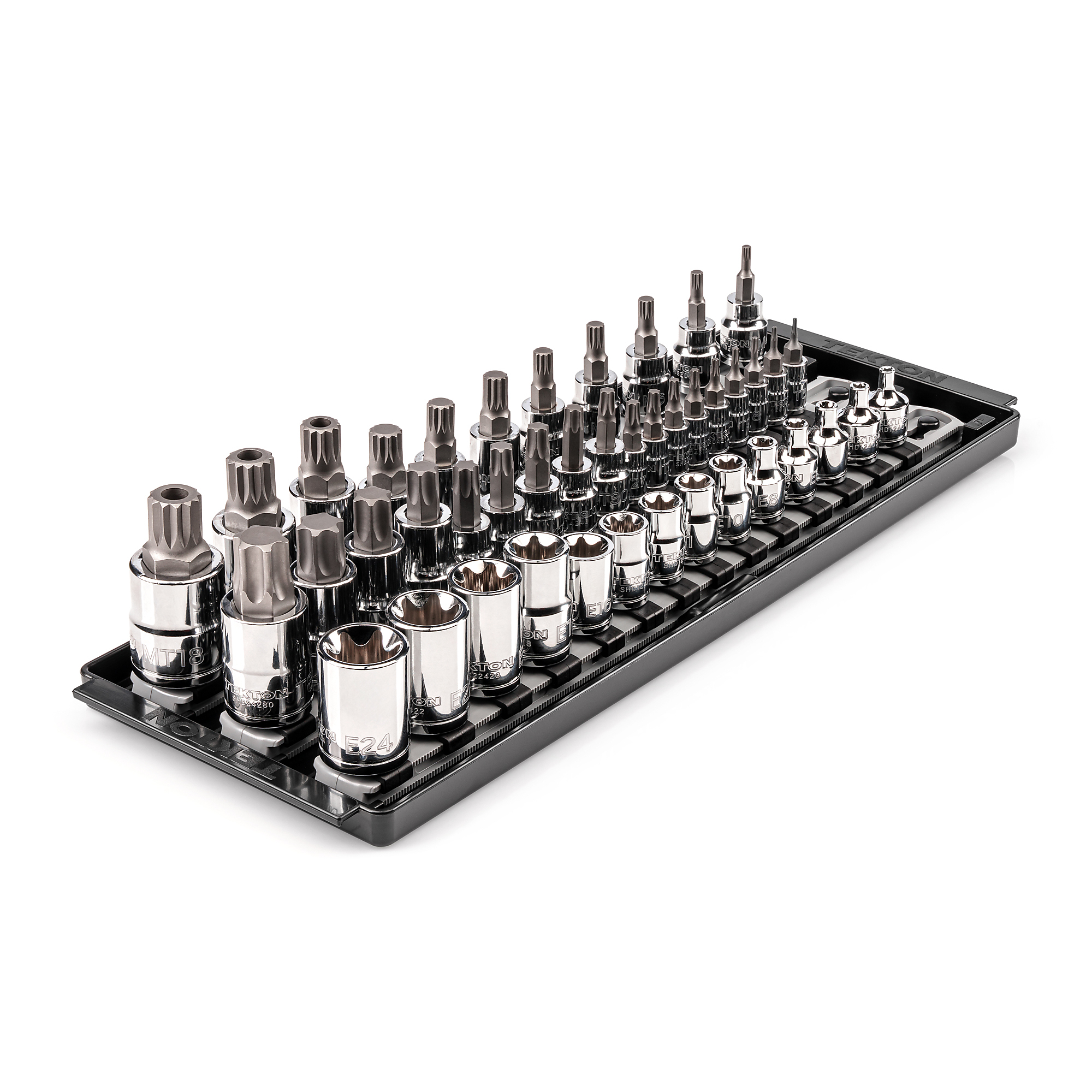 TEKTON 1/4, 3/8, 1/2 Inch Drive German Auto Torx, Triple Square, TR Triple Square Bit and External Star Socket Set with Rails (43-Piece) | SKT93900