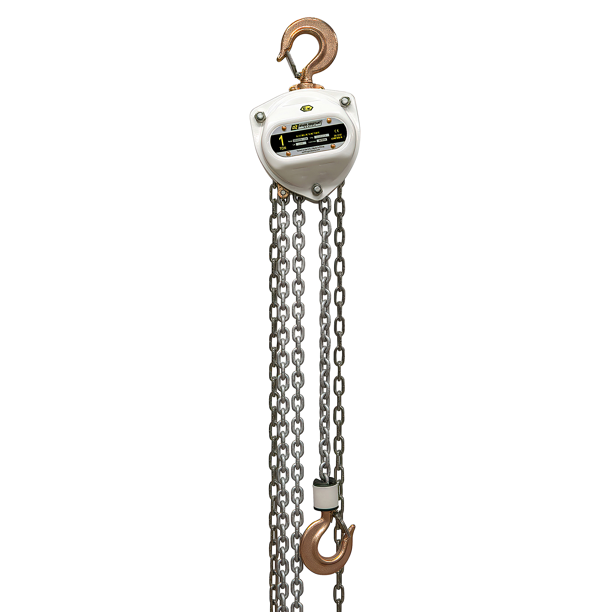 OZ Lifting Products, 1 T Spark Resistant Chain Hoist 20ft. Lift, Capacity 2000 lb, Lift Height 20 ft, Model# OZSR010-20CH