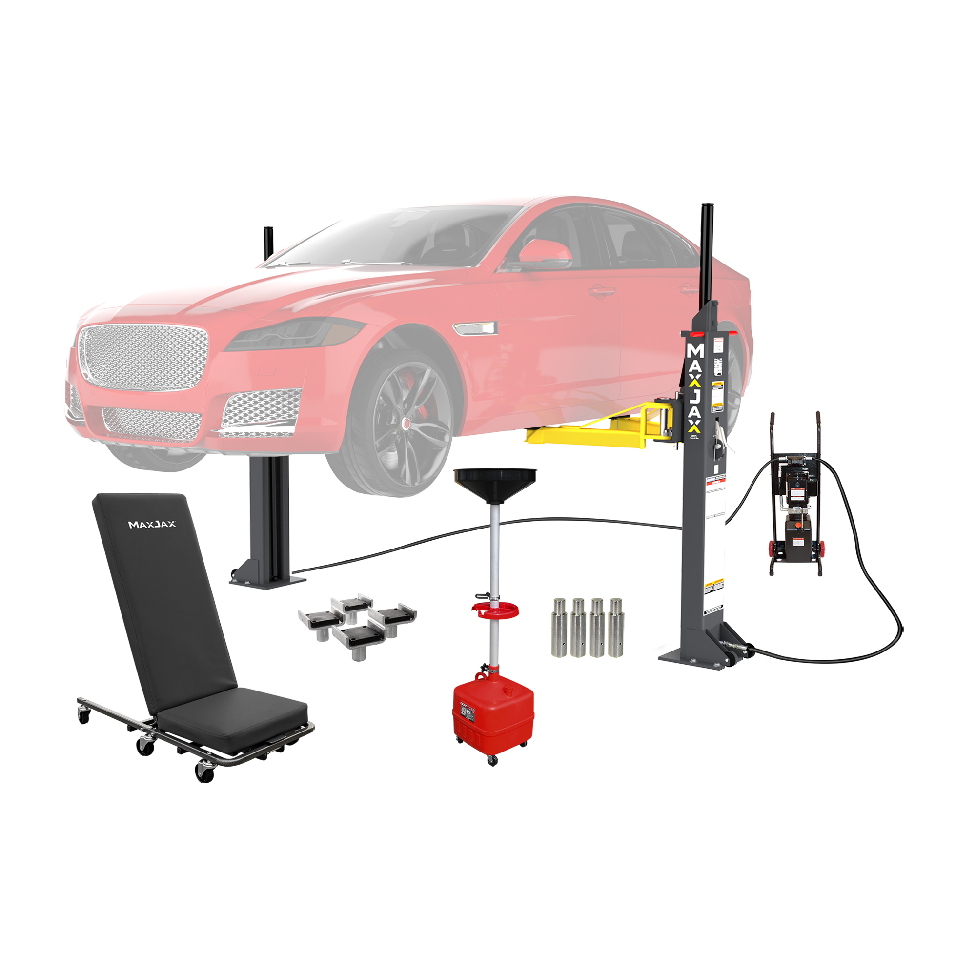MaxJax, 7000lbs. Capacity Two Post Lift Ultimate Package, Capacity 7000 lb, Max. Rise 4 ft, Horsepower 1 HP, Model# M7K-110V_Ultimate_Package