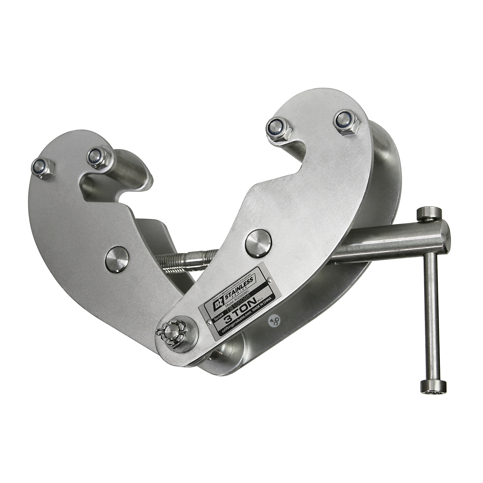 OZ Lifting Products, 3 Ton Stainless Beam Clamp, Min. Jaw Capacity 3.15 in, Max. Jaw Capacity 12.6 in, Model# OZSS3BC
