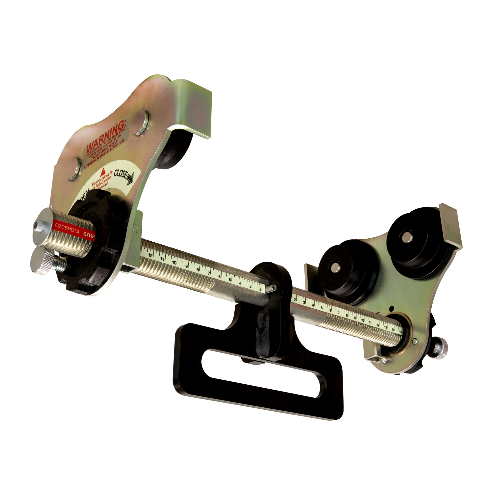 OZ Lifting Products, .5 Ton USA Made Push Beam Manual Trolley with hoist hanger, Capacity 1000 lb, Adjustable flange width up to 16", Model# OZ05PBTA-OBH-16
