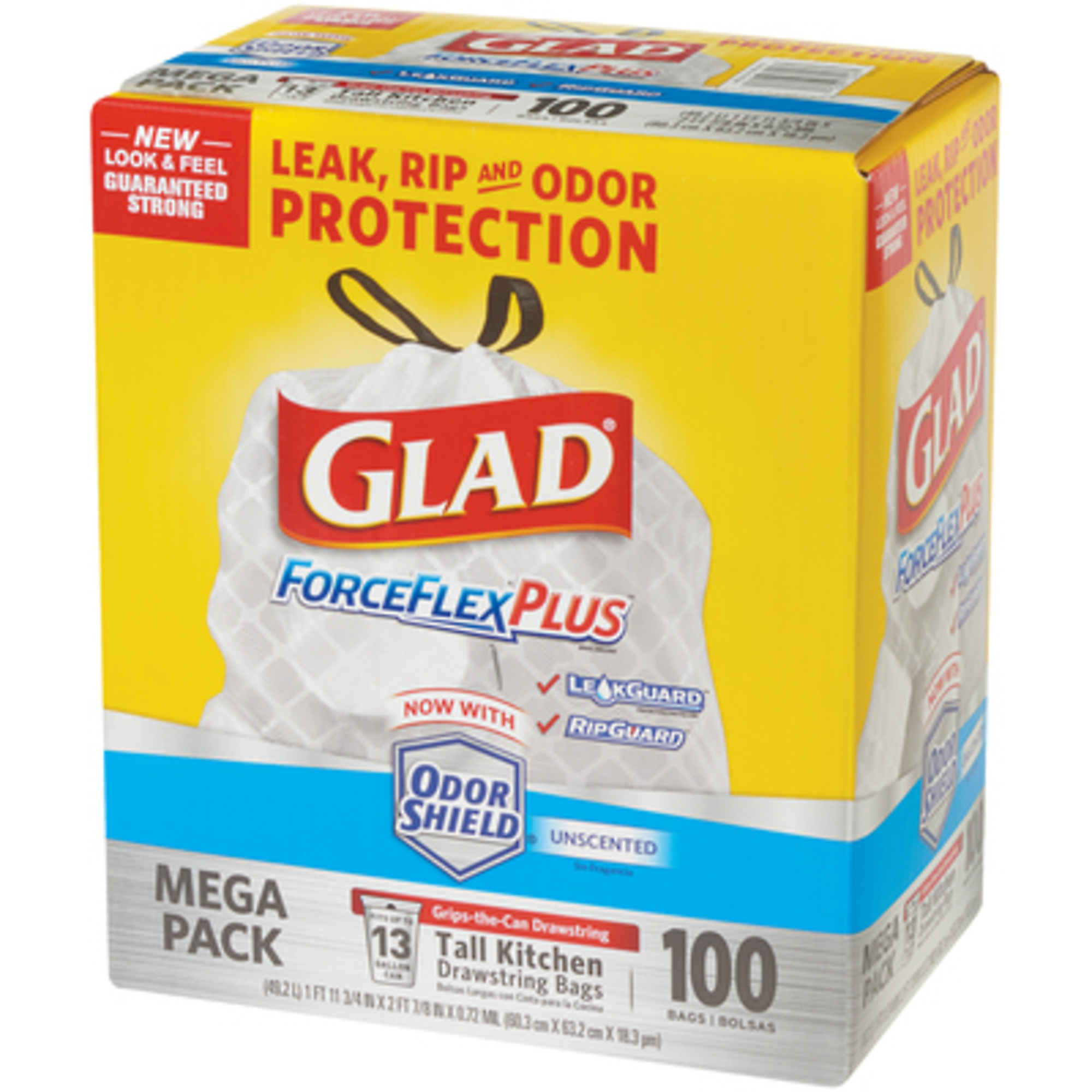 Glad, Glad ForceFlex Trash Bags - 13 G, White 100/CS, Capacity 13 Gal, Quantity 100 Closure Type Elastic, Model# GLAD13FFW