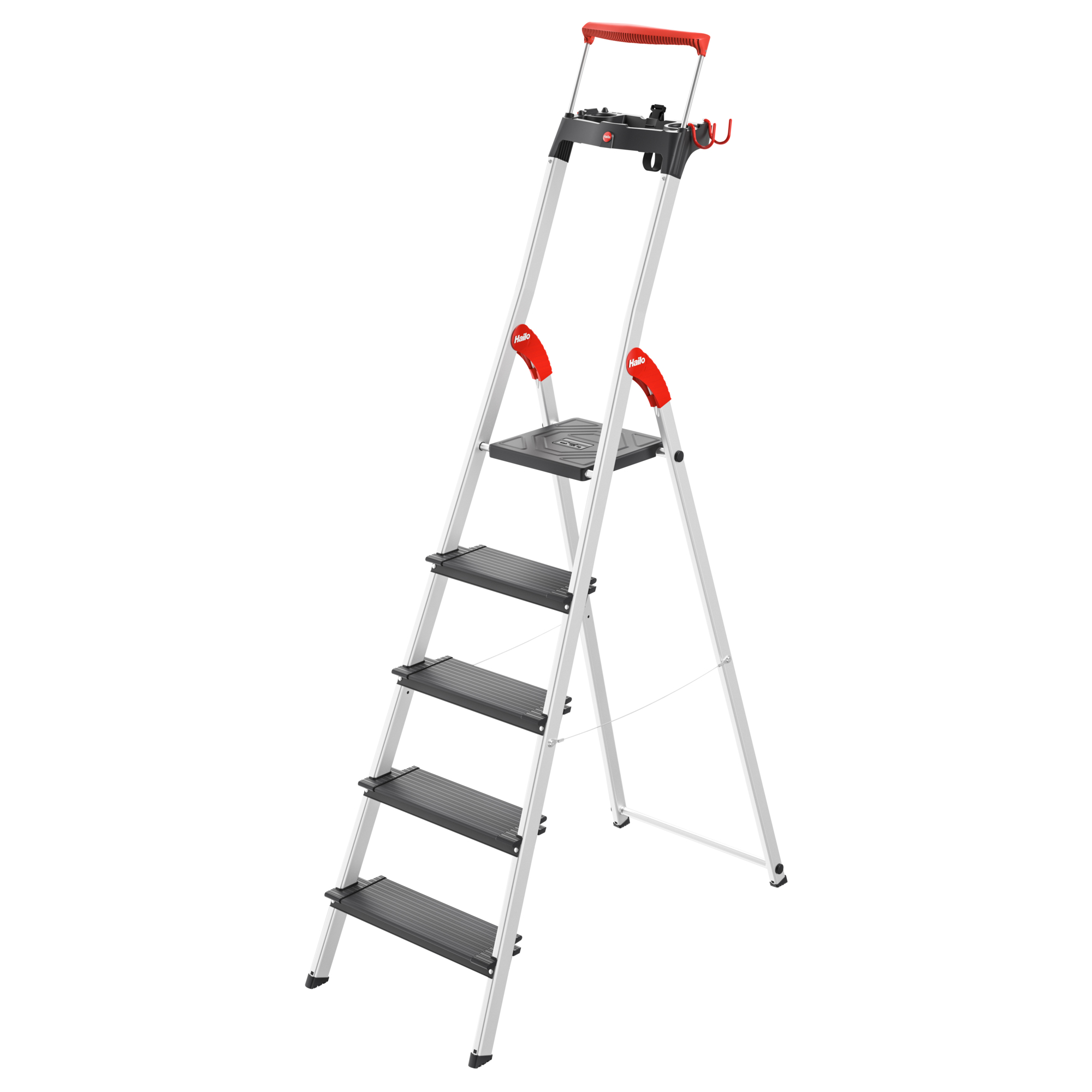 Hailo, 5 step ,ladder, XXL wide steps, Height 73.6 ft, Capacity 330 lb, Material Aluminum, Model# 9204016002