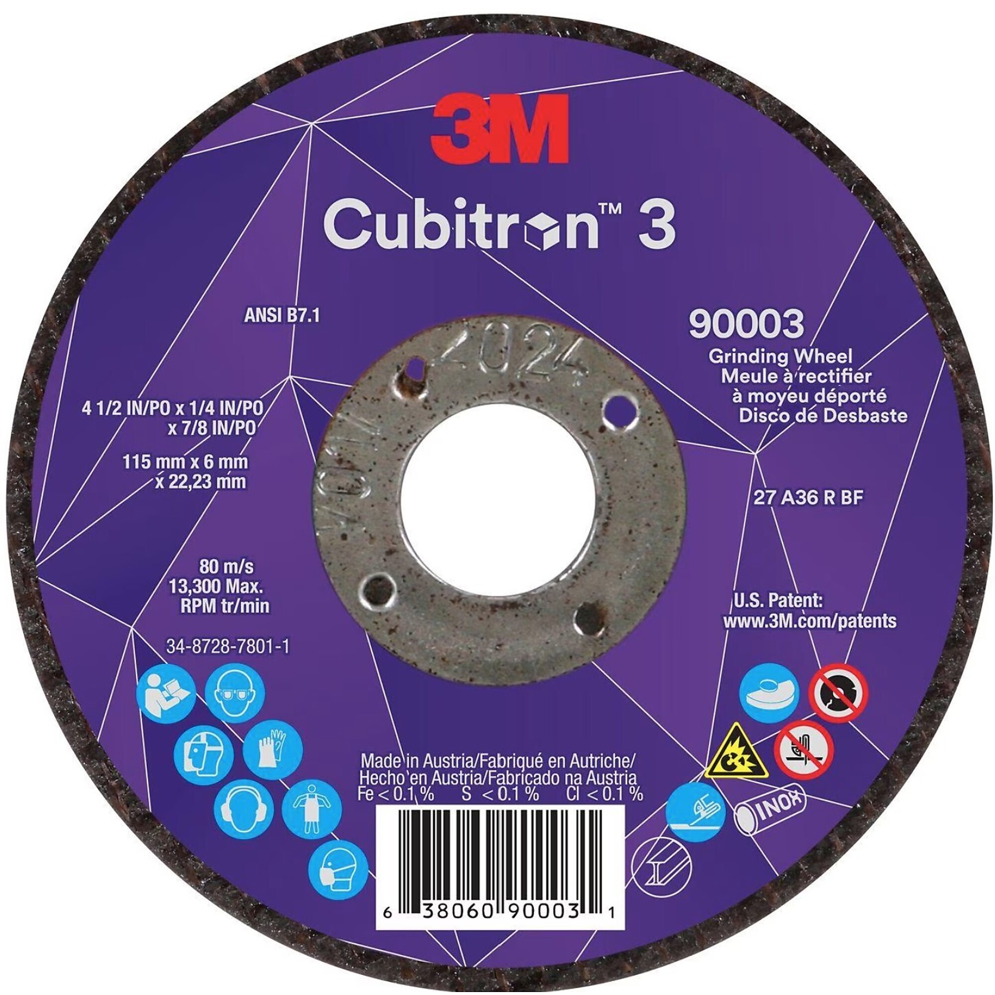 3M, Depressed Center Grind Wheel 4.5in. Arbor:7/820 pk, Wheel Diameter 4.5 in, Arbor Size 7/8 Wheels (qty.) 20 Model# MMM3806090003