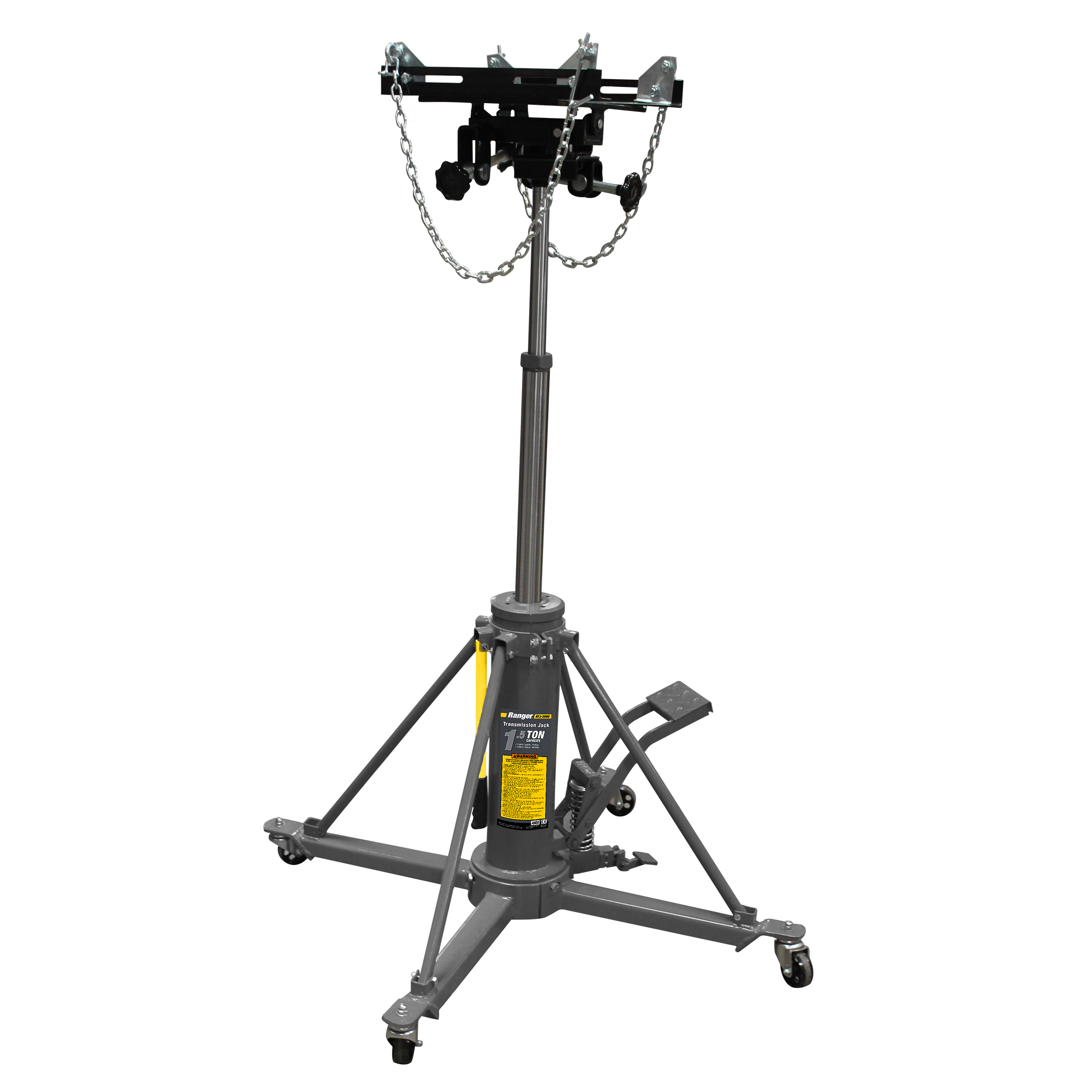 Ranger, 1.5-Ton Telescoping Transmission Jack, Lift Capacity 3000 lb, Max. Lift Height 75.5 in, Min. Lift Height 35.5 in, Model# RTJ-3000
