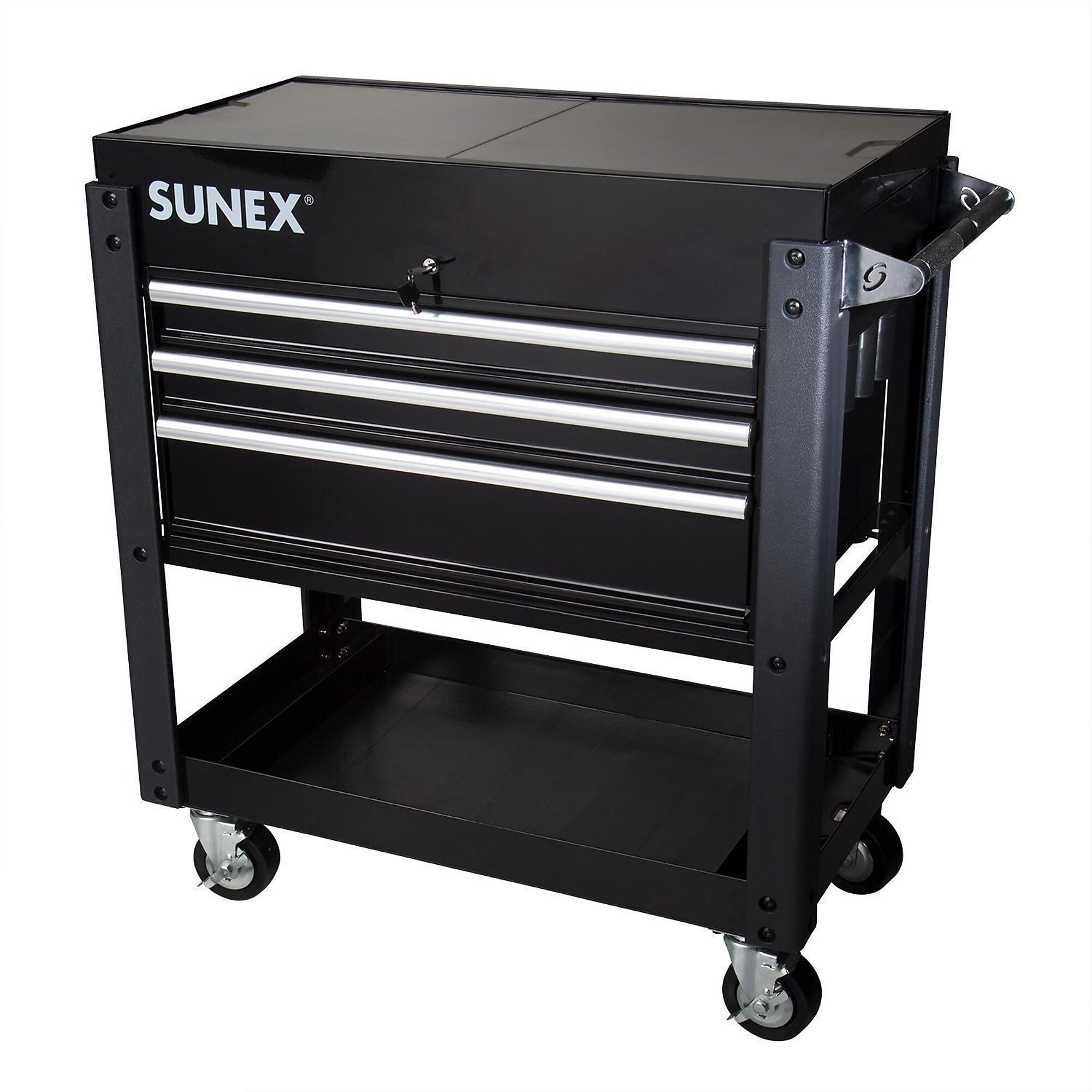 Sunex Tools 3-Drawer Slide Top Utility Cart — 36in. Width, 39in. Height, Power Strip, Black, Model# 8035XTBK