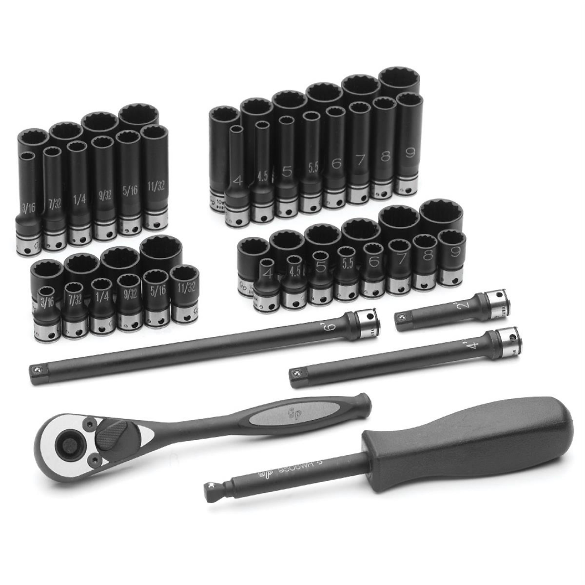 Grey Pneumatic Duo-Socket Set — 1/4in. Drive, 53-Pc., SAE/Metric, 12-Point, 72-Tooth Ratchet, Model# GRE89253CRD