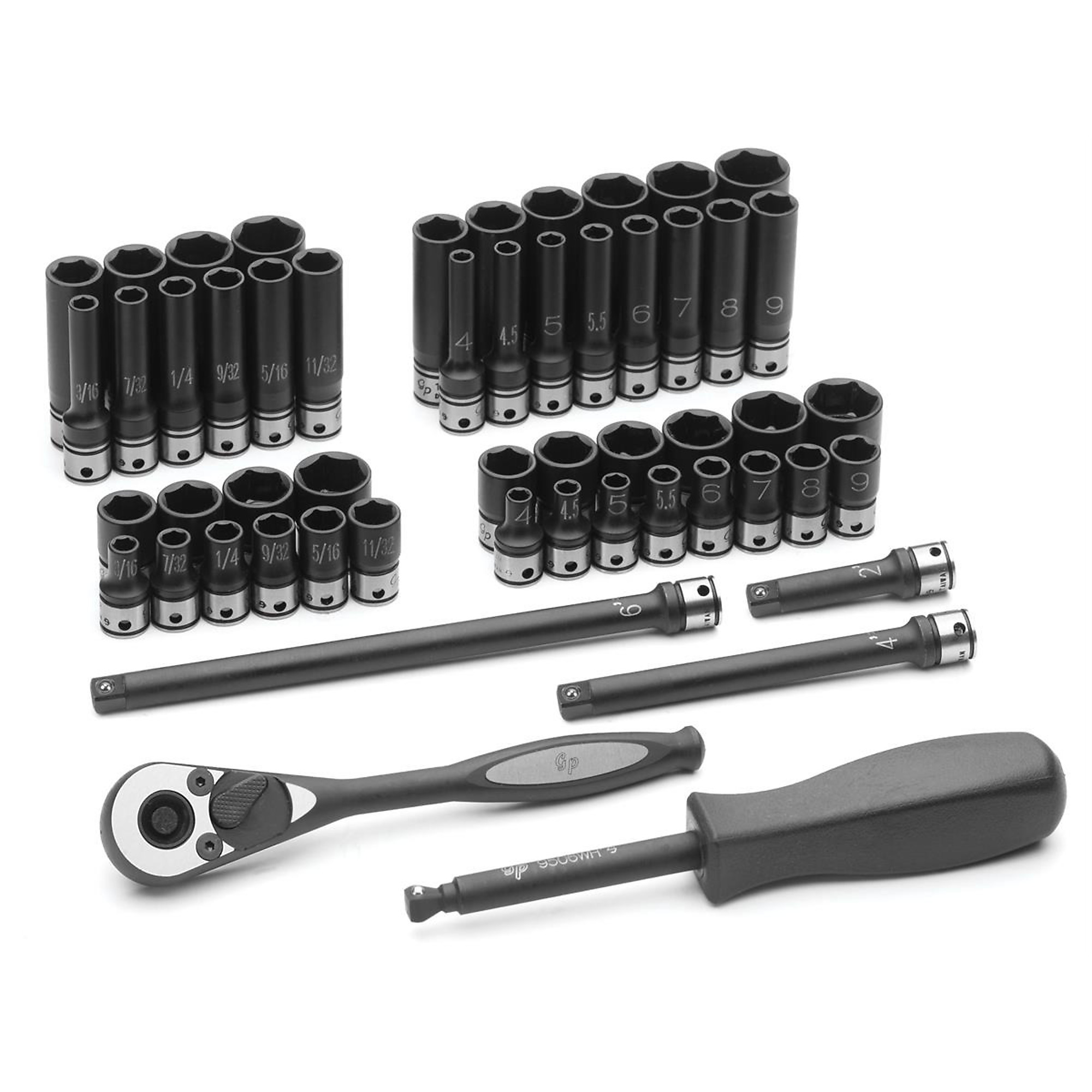 Grey Pneumatic 1/4in. Drive Duo-Socket Set — 53 Pcs, Standard & Deep Length, 6-Pt, Model# GRE89653CRD