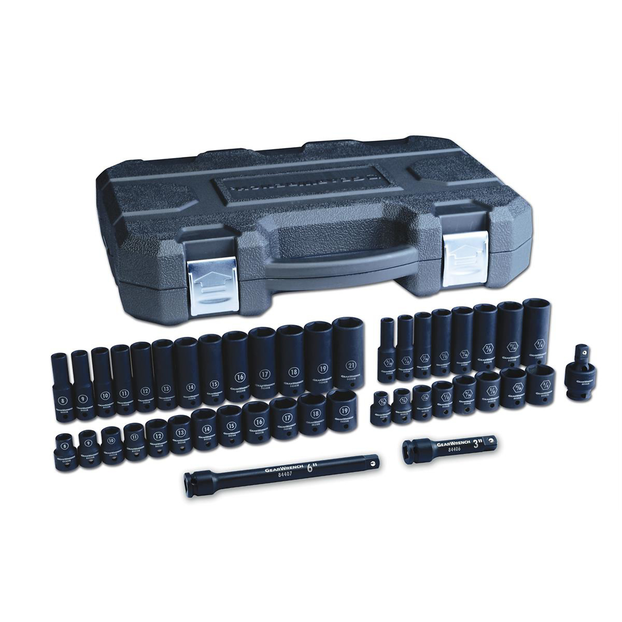 GearWrench 44-Pc. 3/8in. Drive 6-Point SAE/Metric Standard/Deep Socket Set, Model# KDT84916N