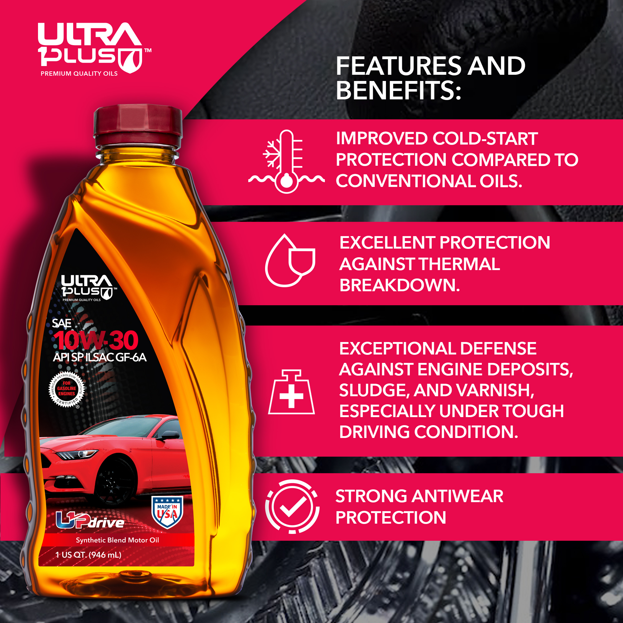 ULTRA 1PLUS SAE 10W-30 Synthetic Blend Motor Oil, API SP ILSAC GF-6A - For Gasoline Engines, Turbo, Supercharged & More