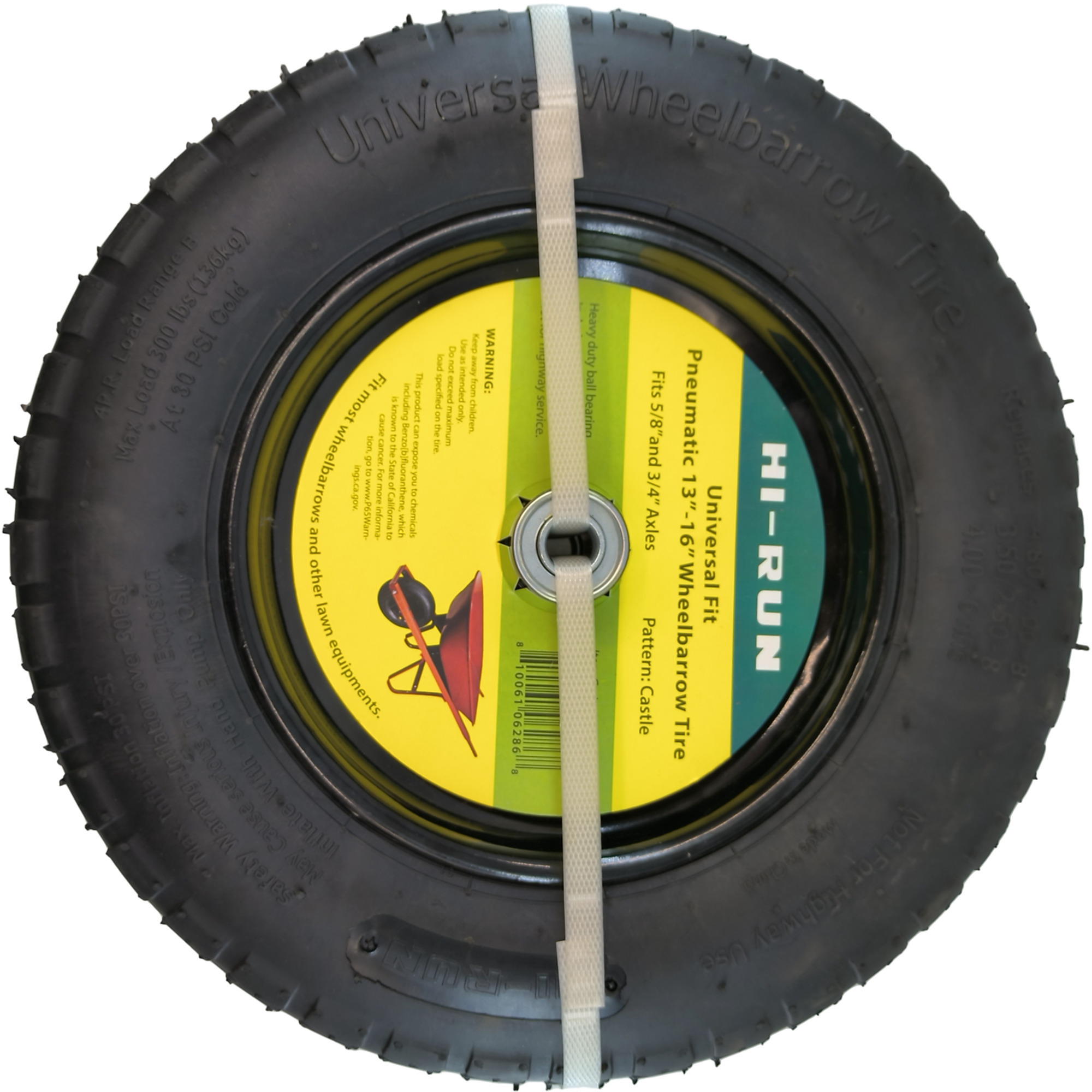HI-RUN, Universal Fit Pneumatic 13in.-16in. Wheelbarrow Tire, Tire Diameter 14.7 in, Load Range Rating B, Model# SNPT1010