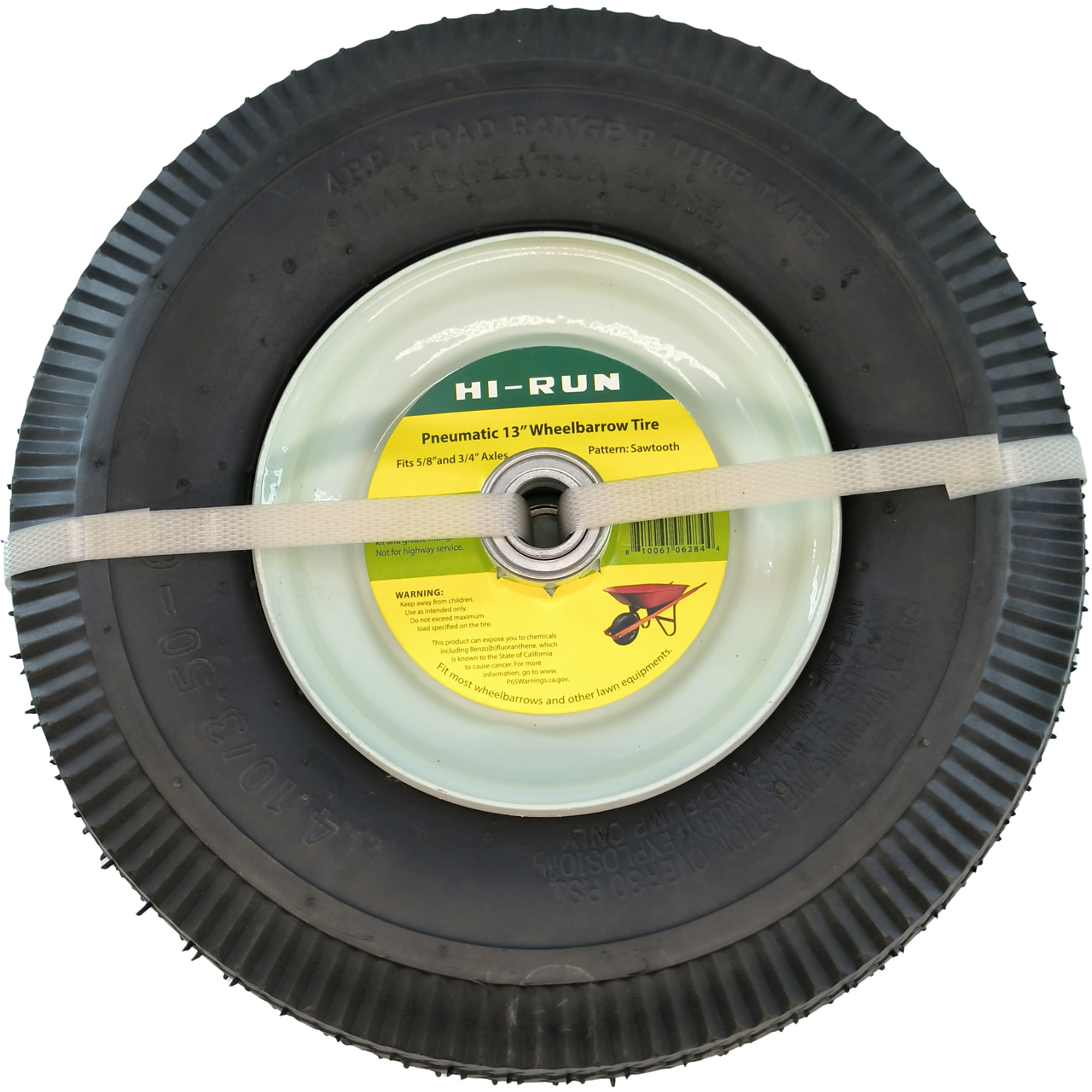 HI-RUN, Pneumatic 13in. Wheelbarrow Tire Assembly (Sawtooth), Tire Diameter 12.6 in, Load Range Rating B, Model# SNPT1008