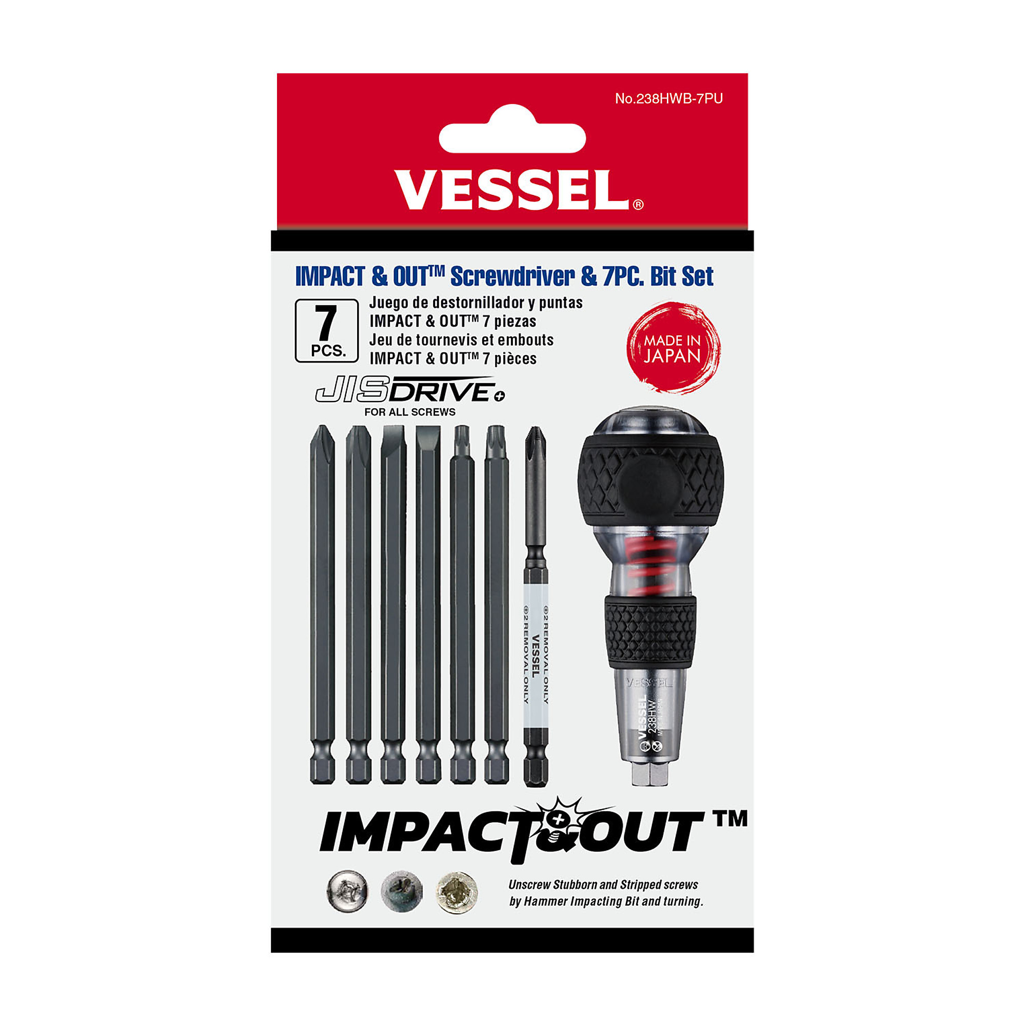 Vessel Impact Out Screwdriver Set - 7-Piece, Hex Bolster, Includes Storage Pouch, Model# 238HWB7PU