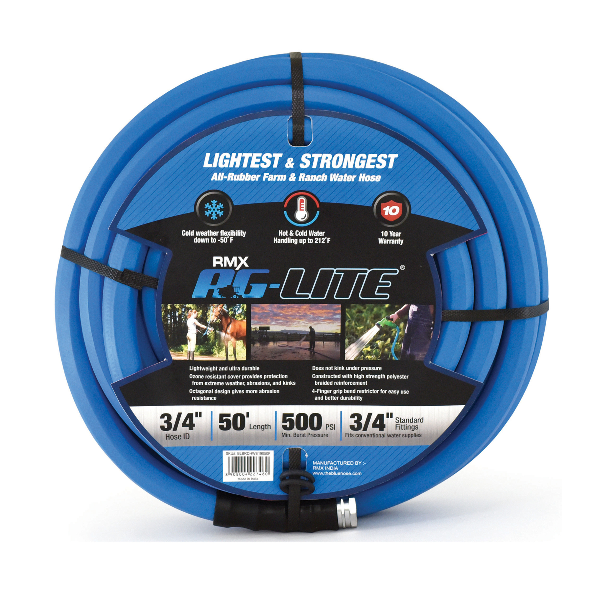 Aglite Rubber Water Hose, 3/4in. x 50ft., 500 PSI, Heavy-Duty, Model# AL3450