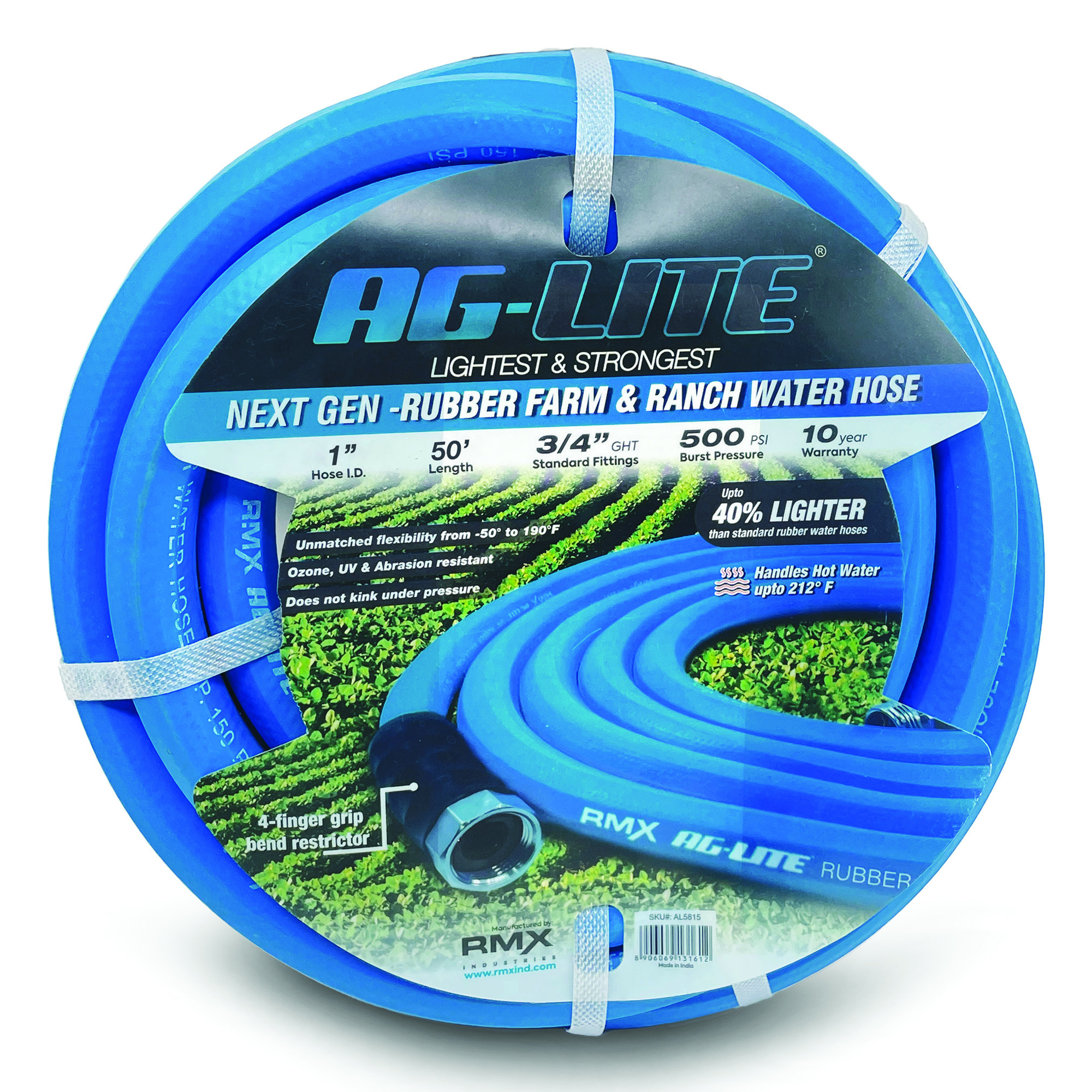 Aglite Rubber Water Hose Assembly, 1in. x 50ft., 500 PSI Max., Durable, Model# ALONE50