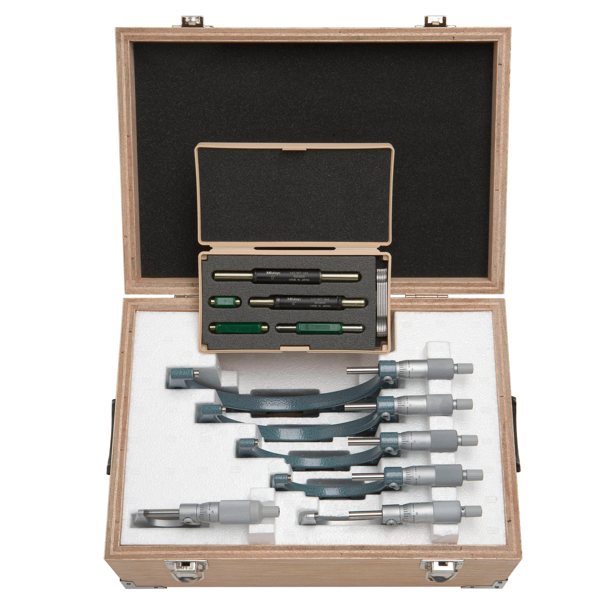 Mitutoyo Mechanical Micrometer Set - 0-6in., 0.0001in. Resolution, Hammertone Baked Enamel, 6 Gages, Model# 103-907-40