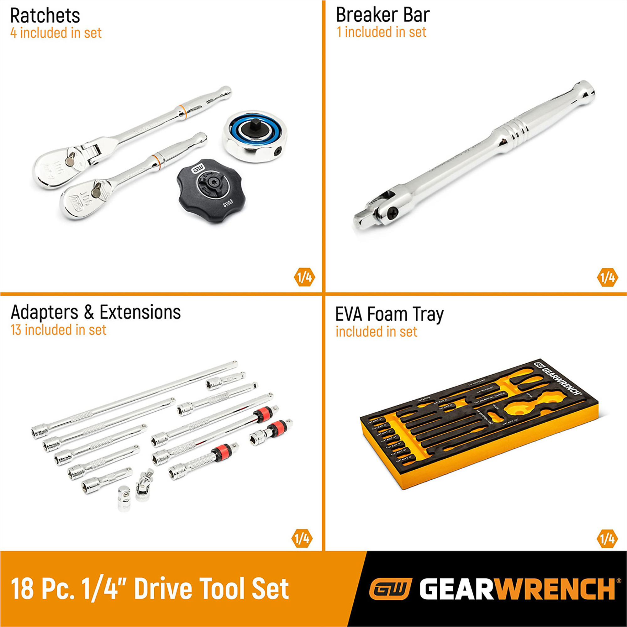 GearWrench 1/4in. Drive Tool Set — 90-Tooth Ratchet, 20-Piece, Foam Storage Tray, Model# KDT86520