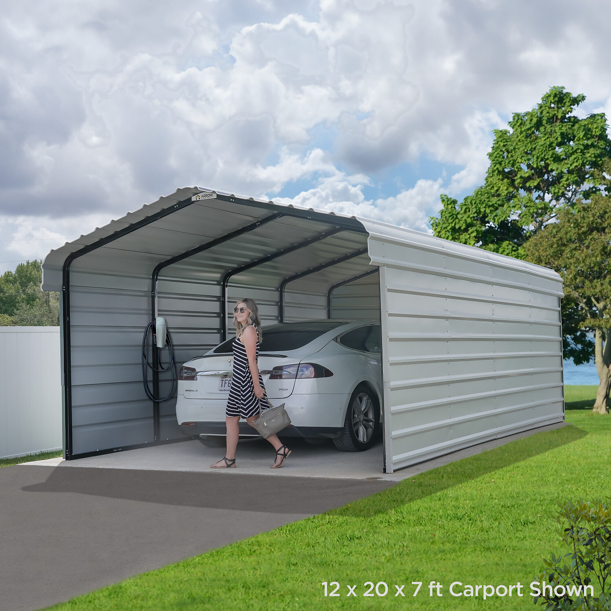 Arrow, Arrow 12x29x9 3 Sided Carport, Width 146 in, Height 126.75 in, Cover Material Steel, Model# CPH122909ECL3