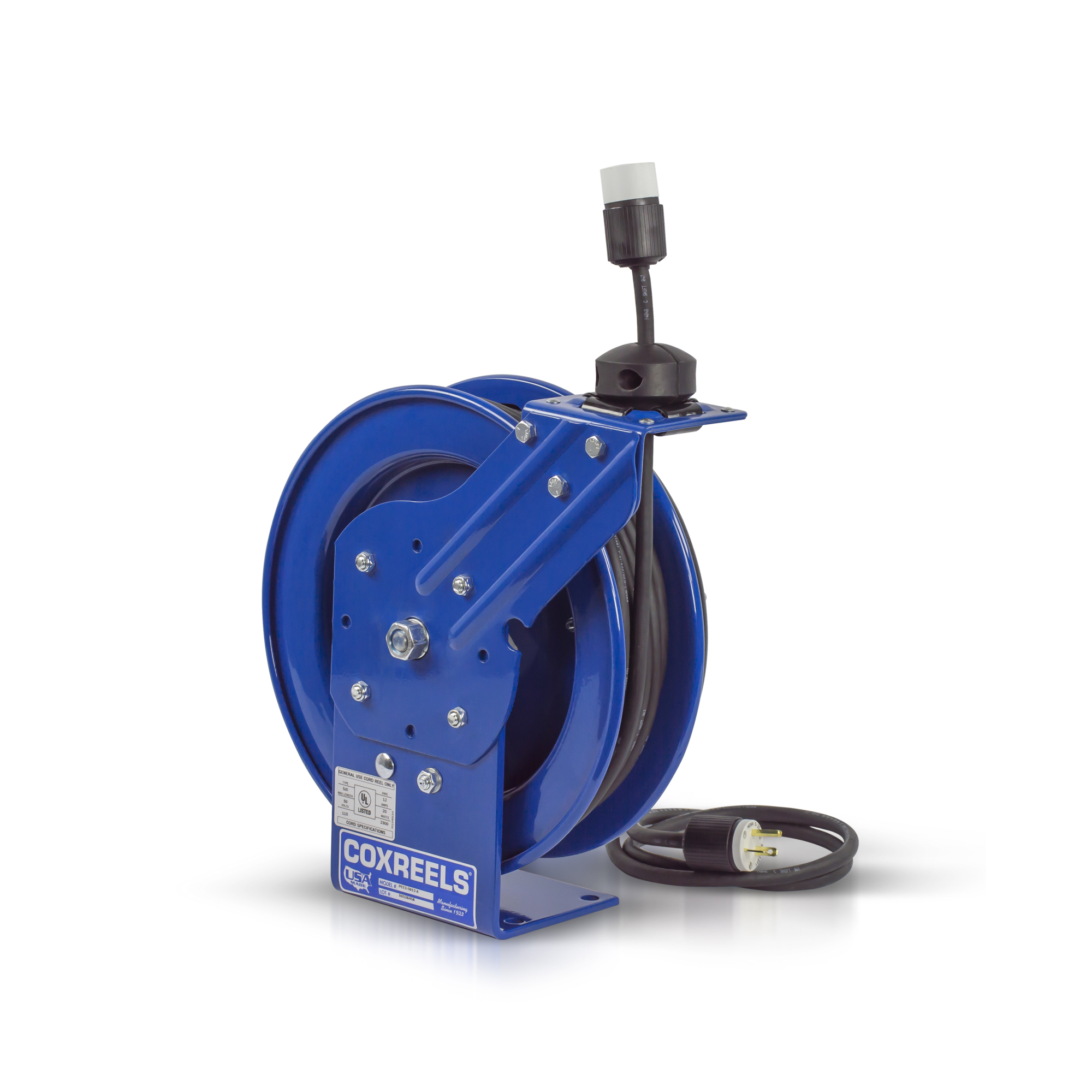 Coxreels, Power Cord Reel 12/3AWG 20 amps single receptacle, Length 50 ft, Cable Gauge 12/3 Model# PC13-5012-A