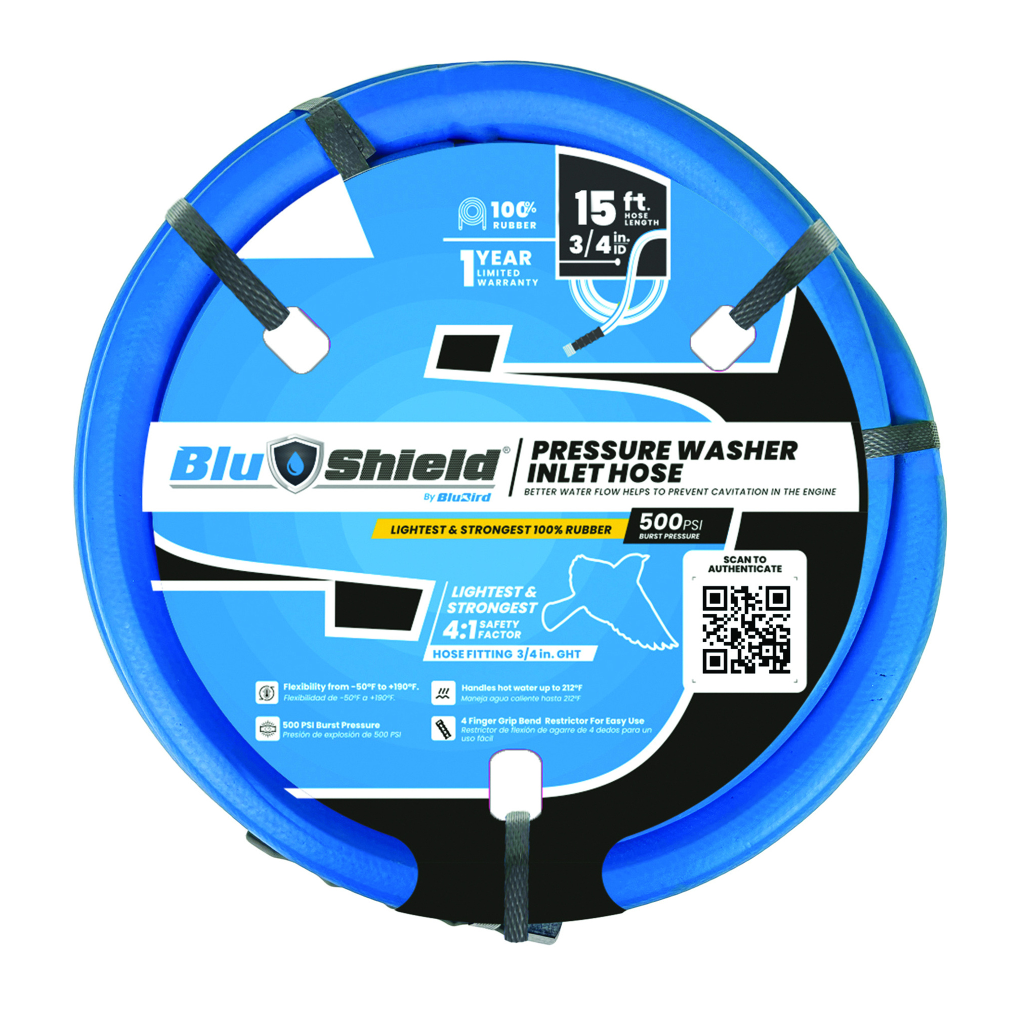 BluShield, Rubber Water Inlet Hose 3/4in. x 15ft., Diameter 3/4 in, Length 15 ft, Max. PSI 500 Model# BS3415-IH