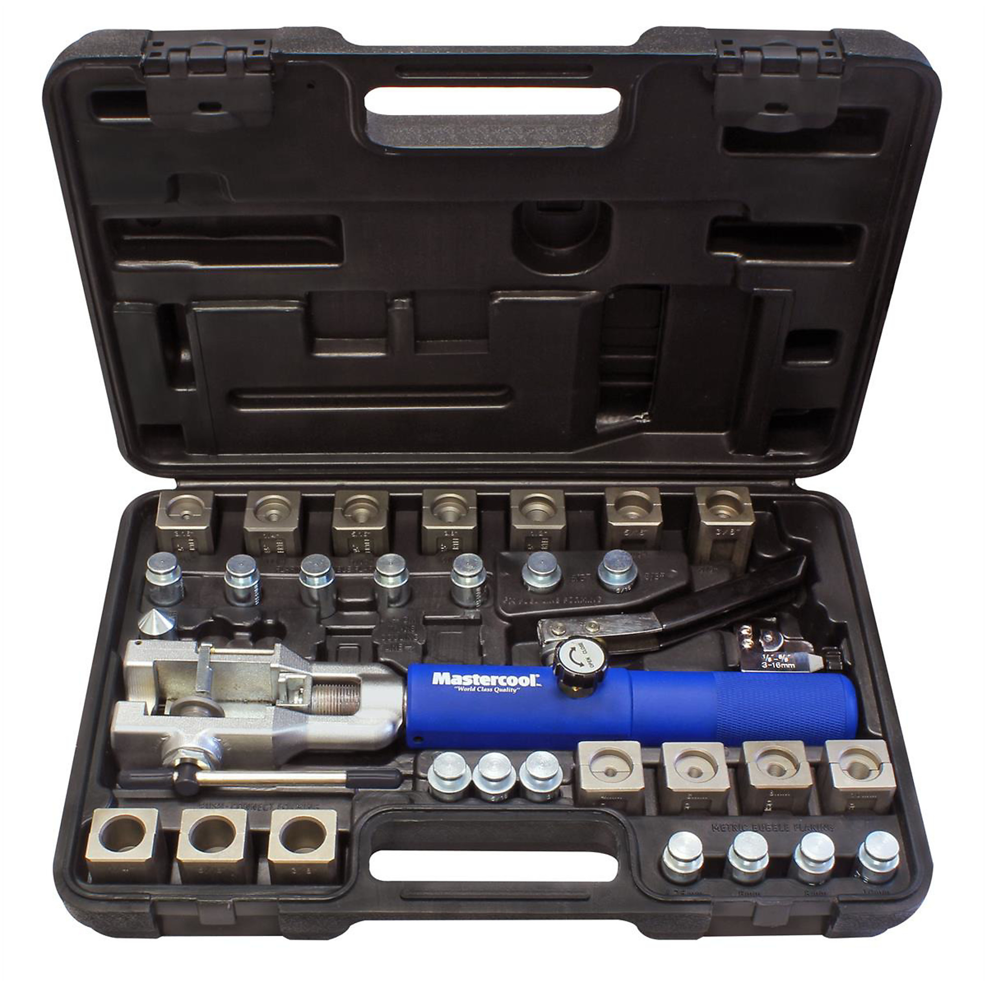 Mastercool Universal Hydraulic Flaring Tool Set with Tube Cutter — Magnetic Adapter Holder, Model# MSC72475-PRC