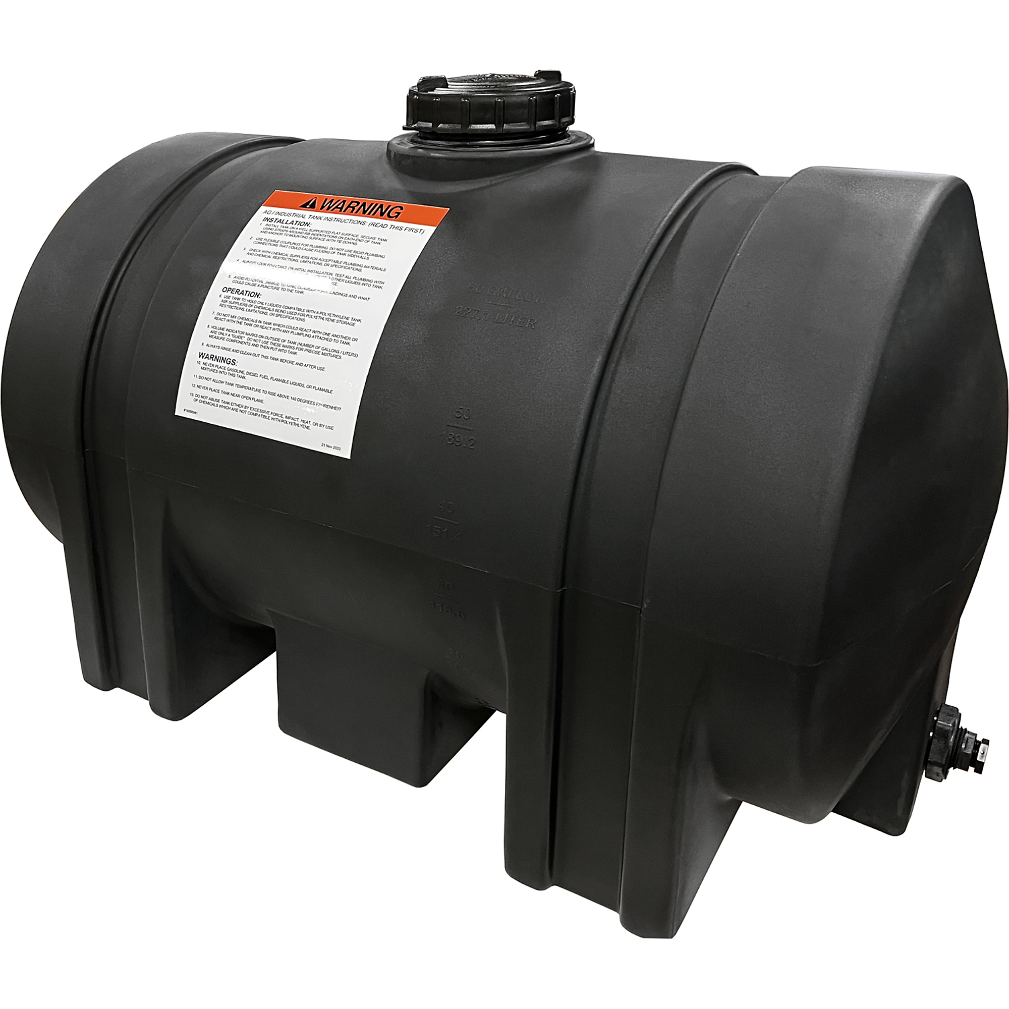Romotech 60 Gallon Water Tank - Horizontal, Poly Tank for Non-Flammable Liquids, UV-Resistant Storage, 3/4" NPT Outlet, Made in USA, Black, Model# 82123935,  38in. x 23in. x 27in.