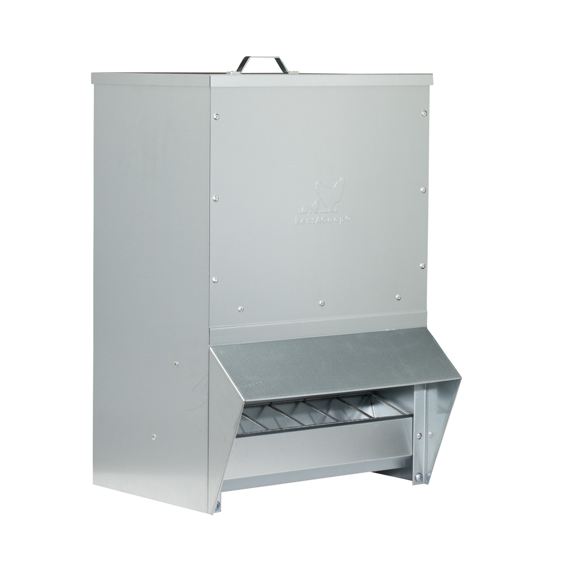 RentACoop, 50 Lb Galvanized Metal Trough Feeder, Weatherproof with Rain Hood, Mountable, Model# MT-50LB-FED1