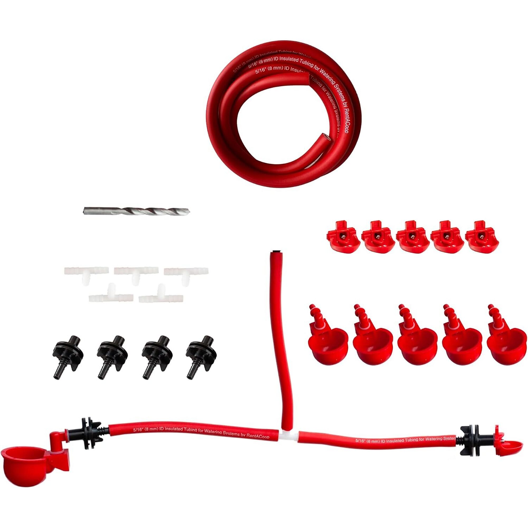 RentACoop, DIY Series Sip Station Watering System Starter Kit for Poultry, Includes 20ft Insulated Tubing, Cage Adaptors, Tubing T's, Autofill Cups, and Horizontal Nipples, Model# DY-TBRB-STPL