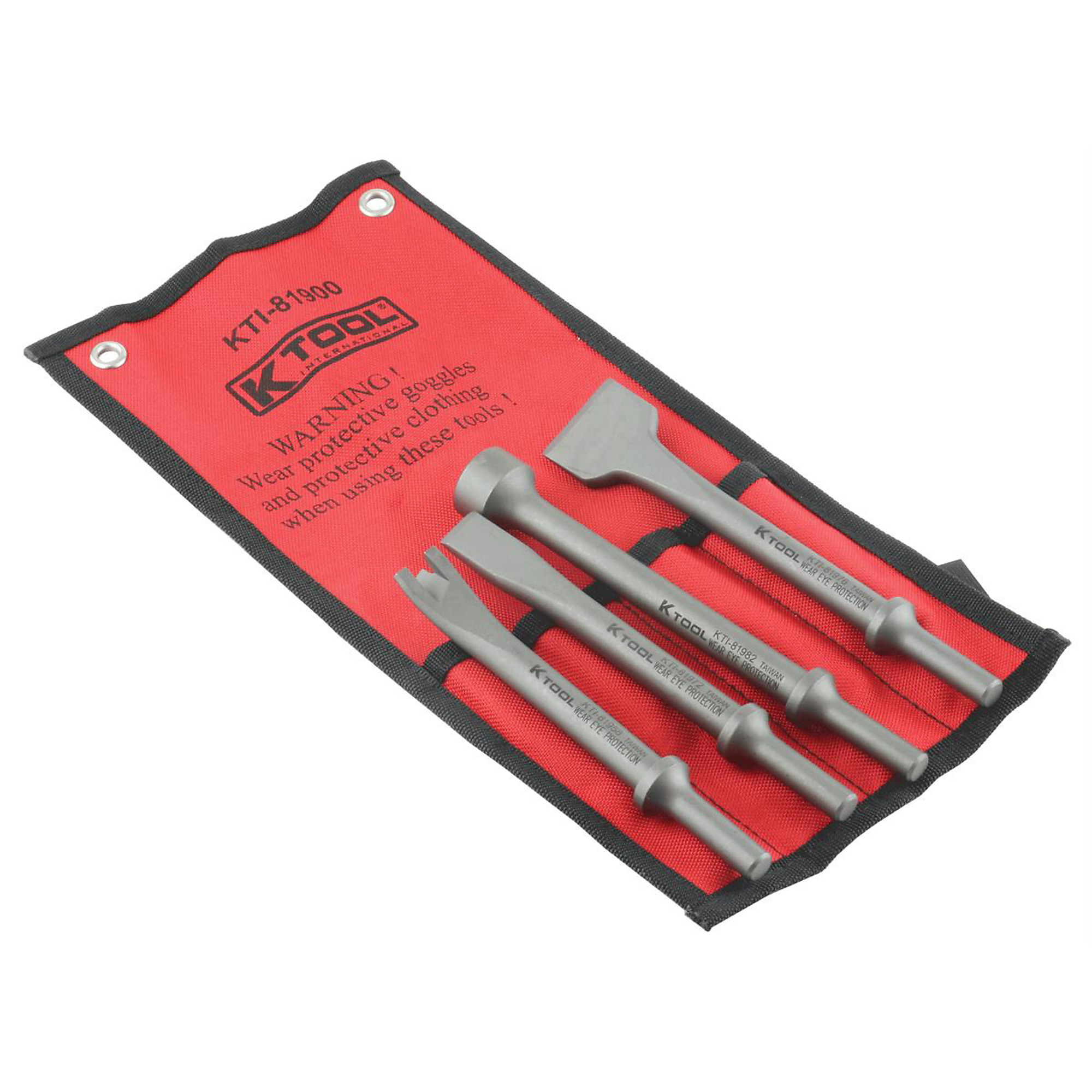 K Tool International 4-Piece Pneumatic Bit Set — Panel Cutter, Cold Chisel, Hammer Bit, Scraper, Storage Pouch, Model# KTI81900