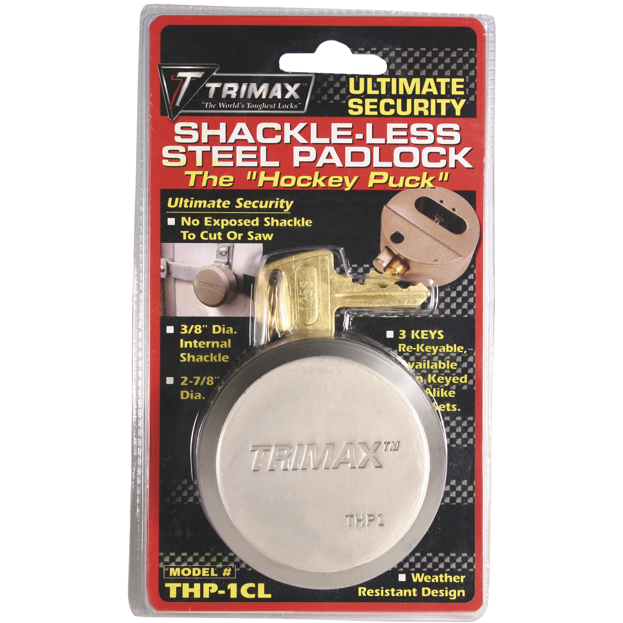 Trimax Hockey Puck ShackleLess Steel Padlock — Universal Fit, Model
