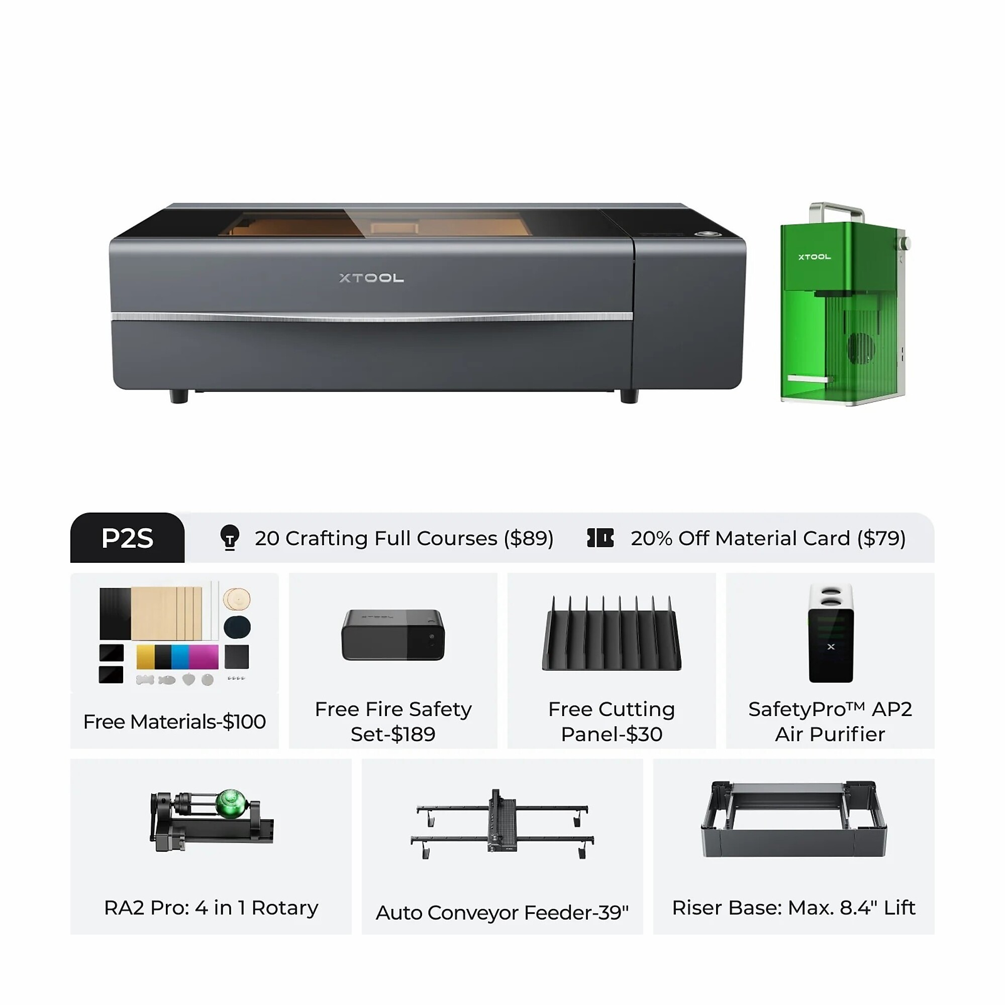 xTool, Laser Cutter and Engraver, Working Width 26 in, Working Length 14 in, Laser Power 55 W, Model# xTool P2S + F1