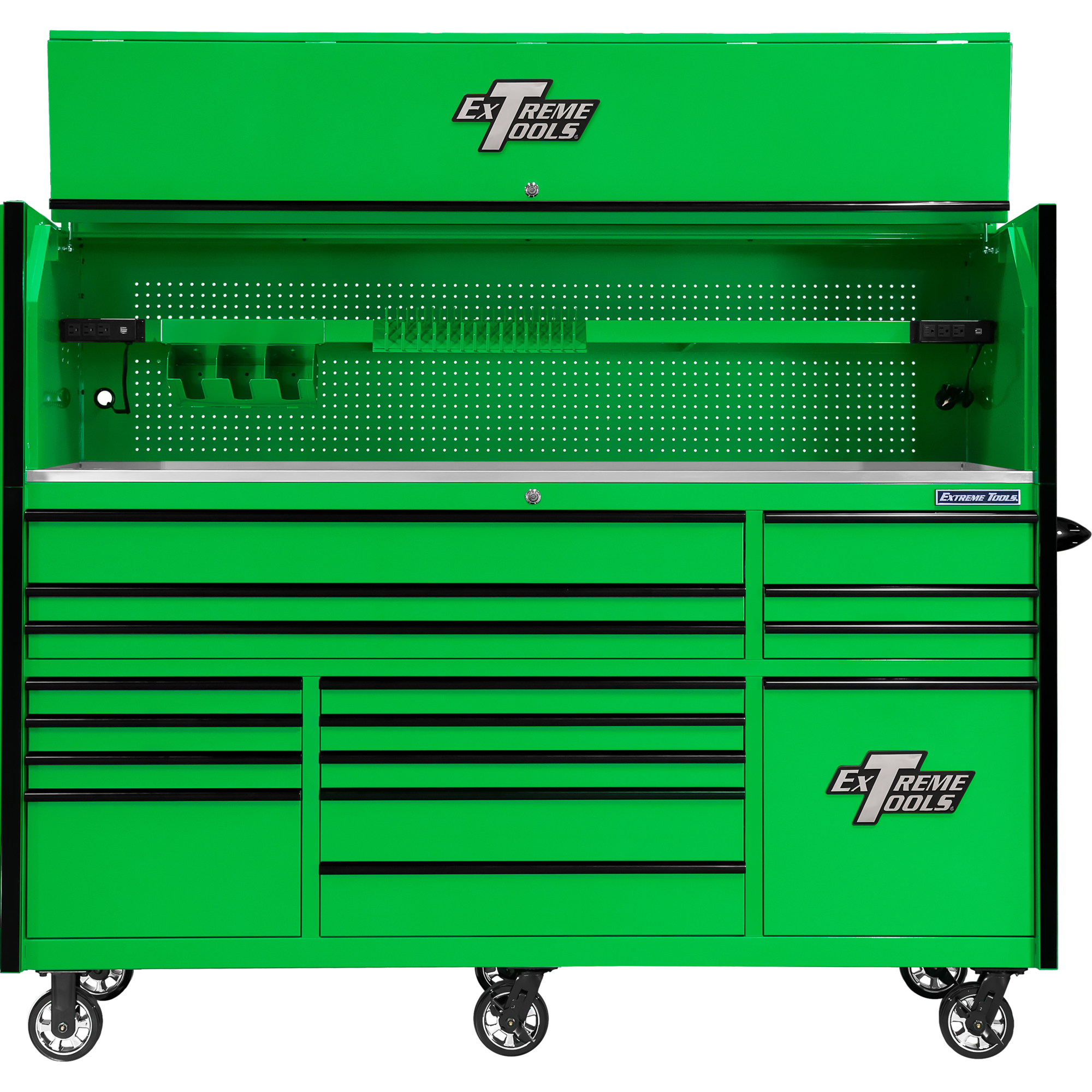 Extreme Tools RX Series Roller Cabinet and Workstation Hutch Combo - 84in. x 30in., 15 Drawers, Stainless Steel Work Surface, Power Tool Drawer, Model# RXQ8417HRGK