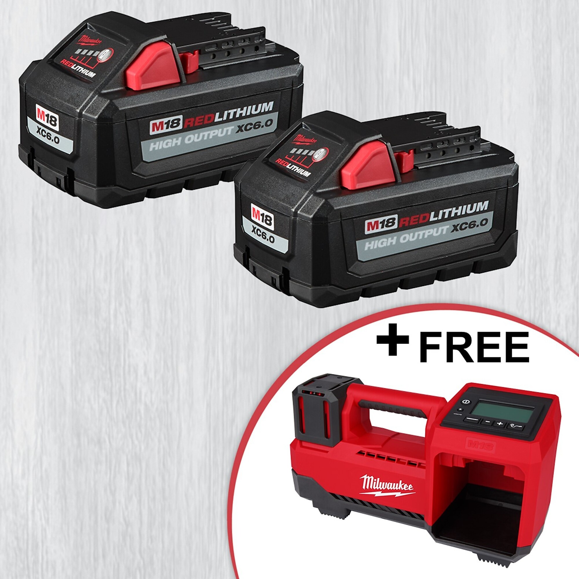 Milwaukee 2-Pack M18 REDLITUIUM HIGH OUTPUT XC6.0 Battery Pack + M18 Tire Inflator, Model# 48-11-1862SE25P22