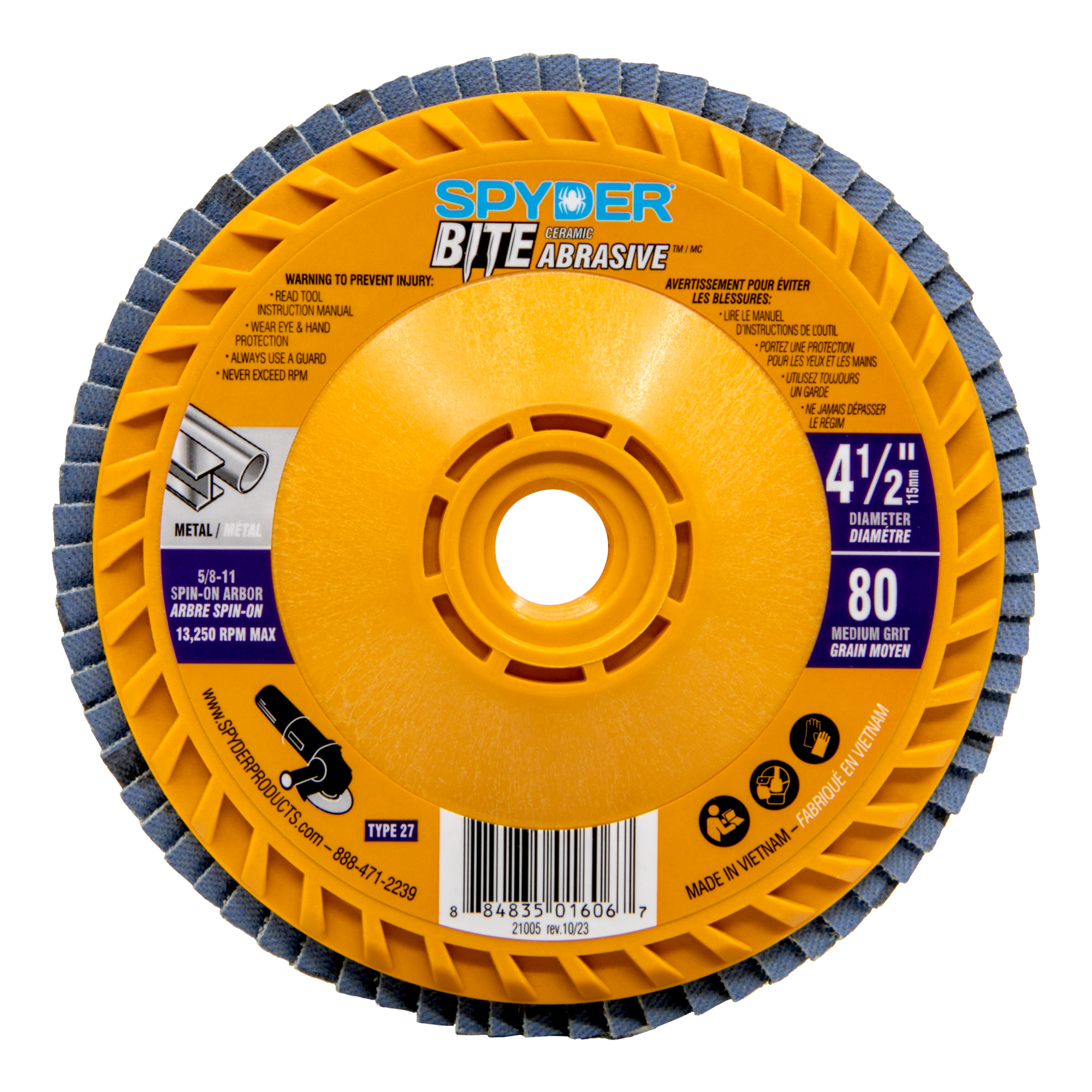 SPYDER, Bite 4.5in. Ceramic 80-Grit Flap Disc, Wheel Diameter 4.5 in, Wheels (qty.) 1 Model# 21005