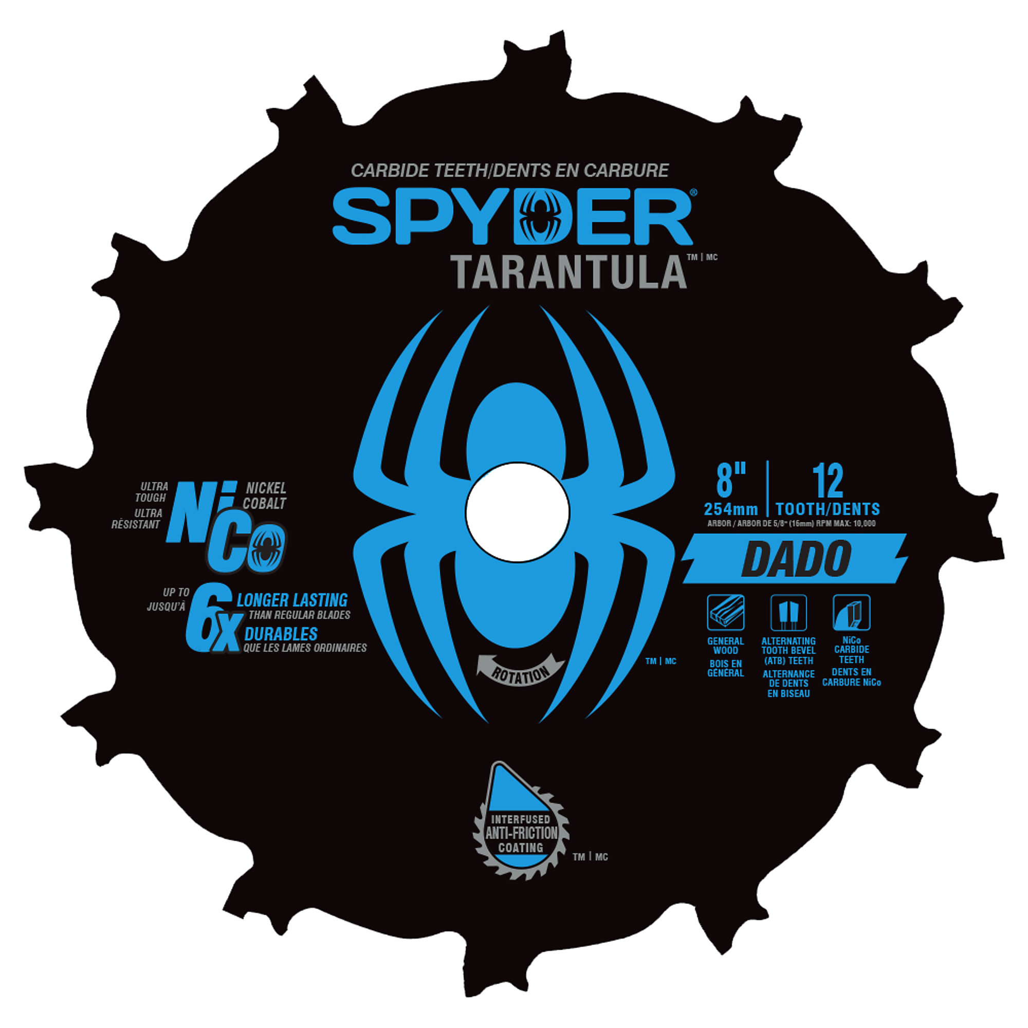 SPYDER, 8in. 12T Dado TCT Stl Circ Tarantula Saw Blade, Blade Diameter 8 in, Included (qty.) 5 Model# 13024