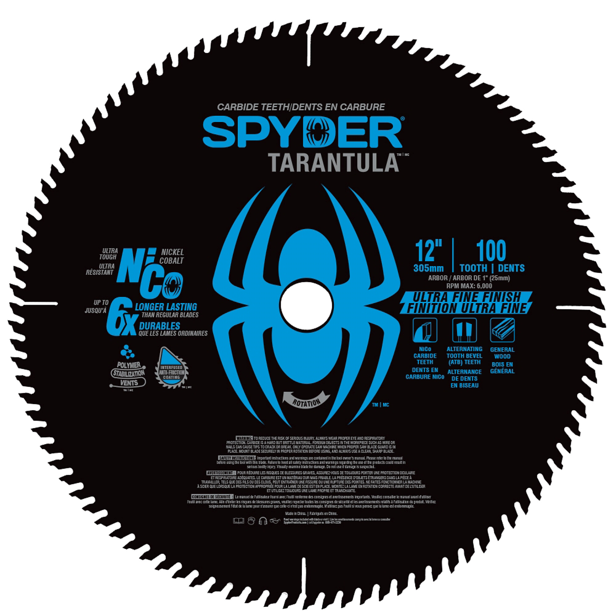 Spyder Fine Circular Saw Blade - 12in. Dia., 100T, NiCo Teeth, Model# 13064CA