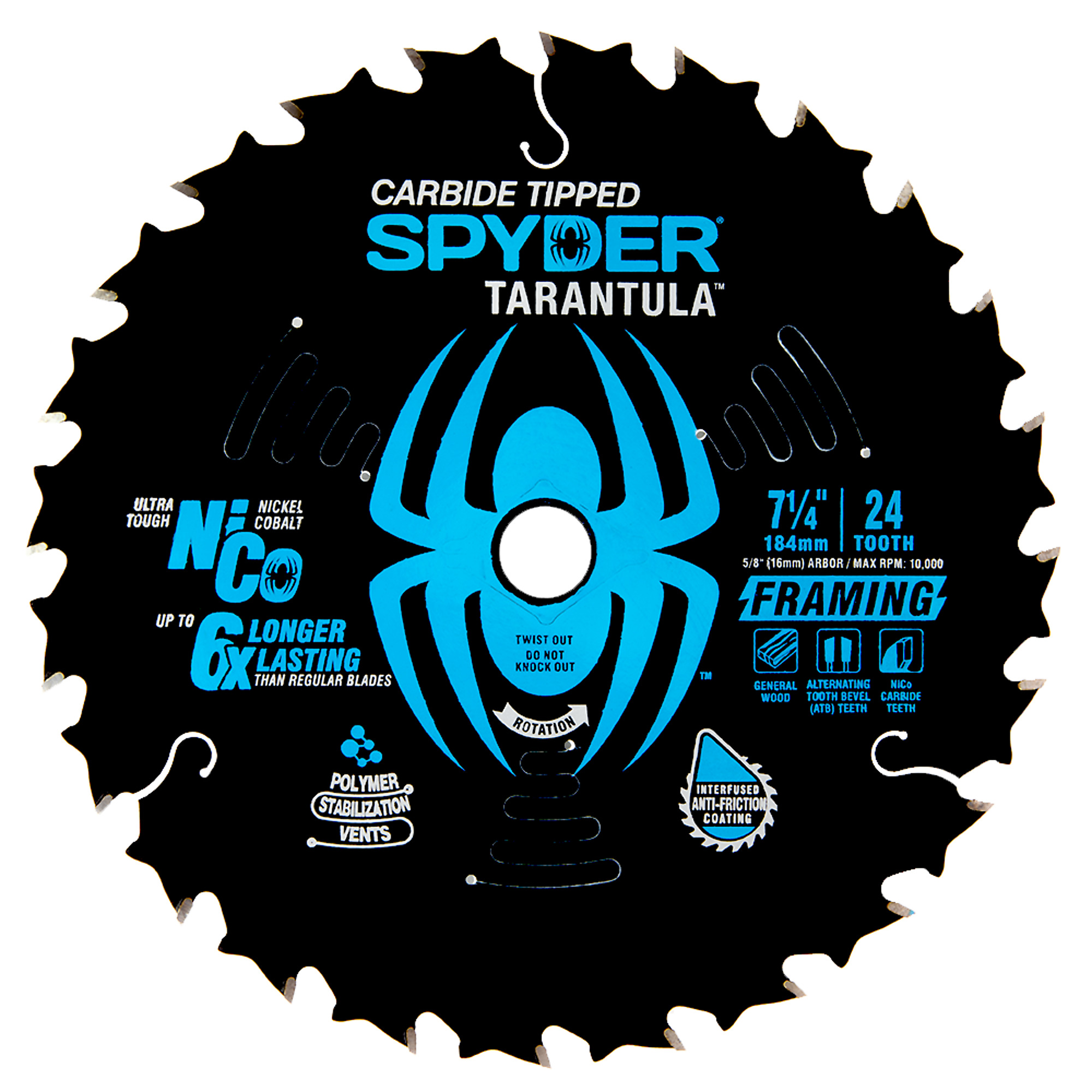 Spyder Tarantula Framing Circular Saw Blade - 7 1/4in. Diameter, 24T, NiCo Teeth, Anti-Friction Coating, Model# 13001