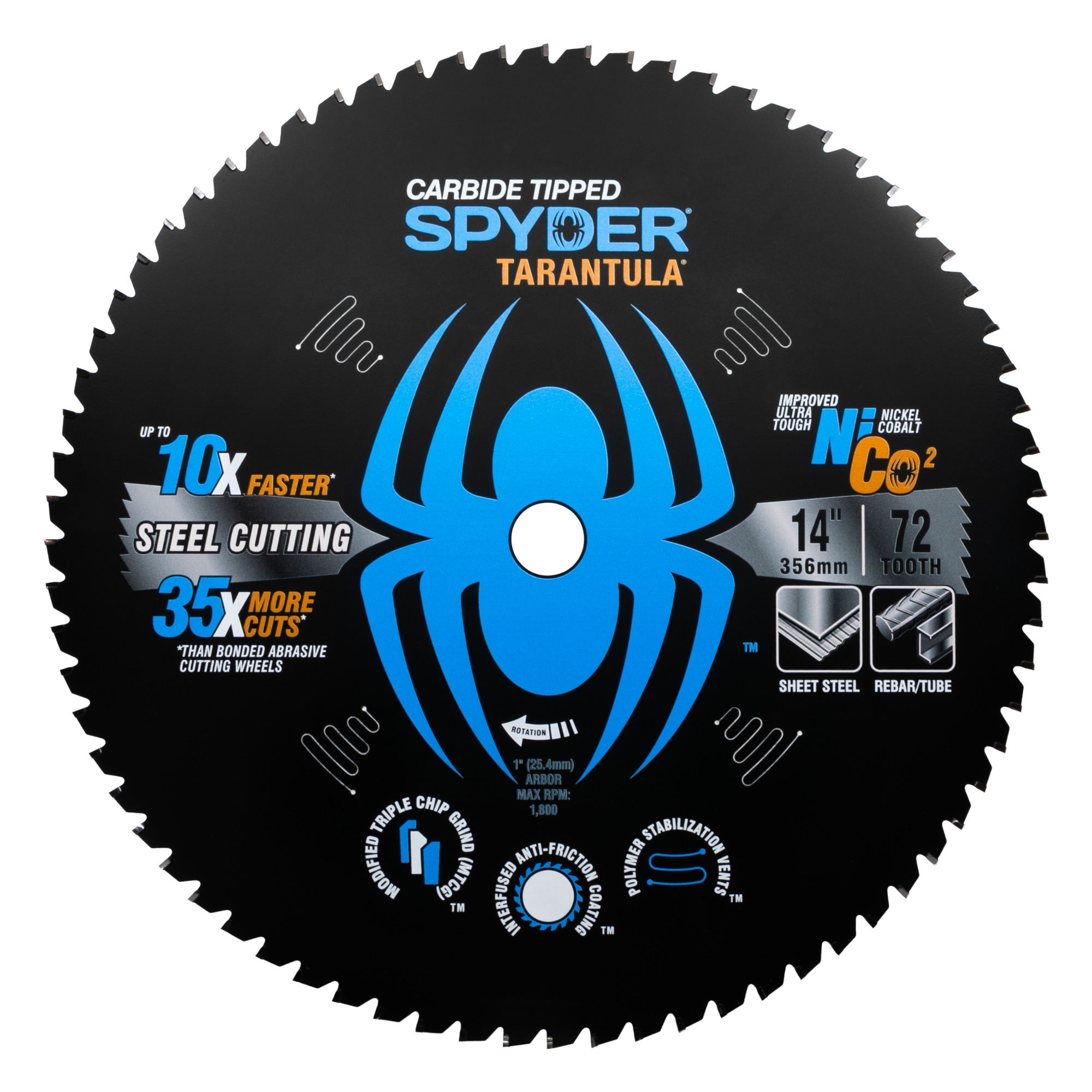 SPYDER, Stl Cutting 14in. 72T TCT Stl Circ Tarantl Saw Blade, Blade Diameter 14 in, Included (qty.) 1 Model# 13506