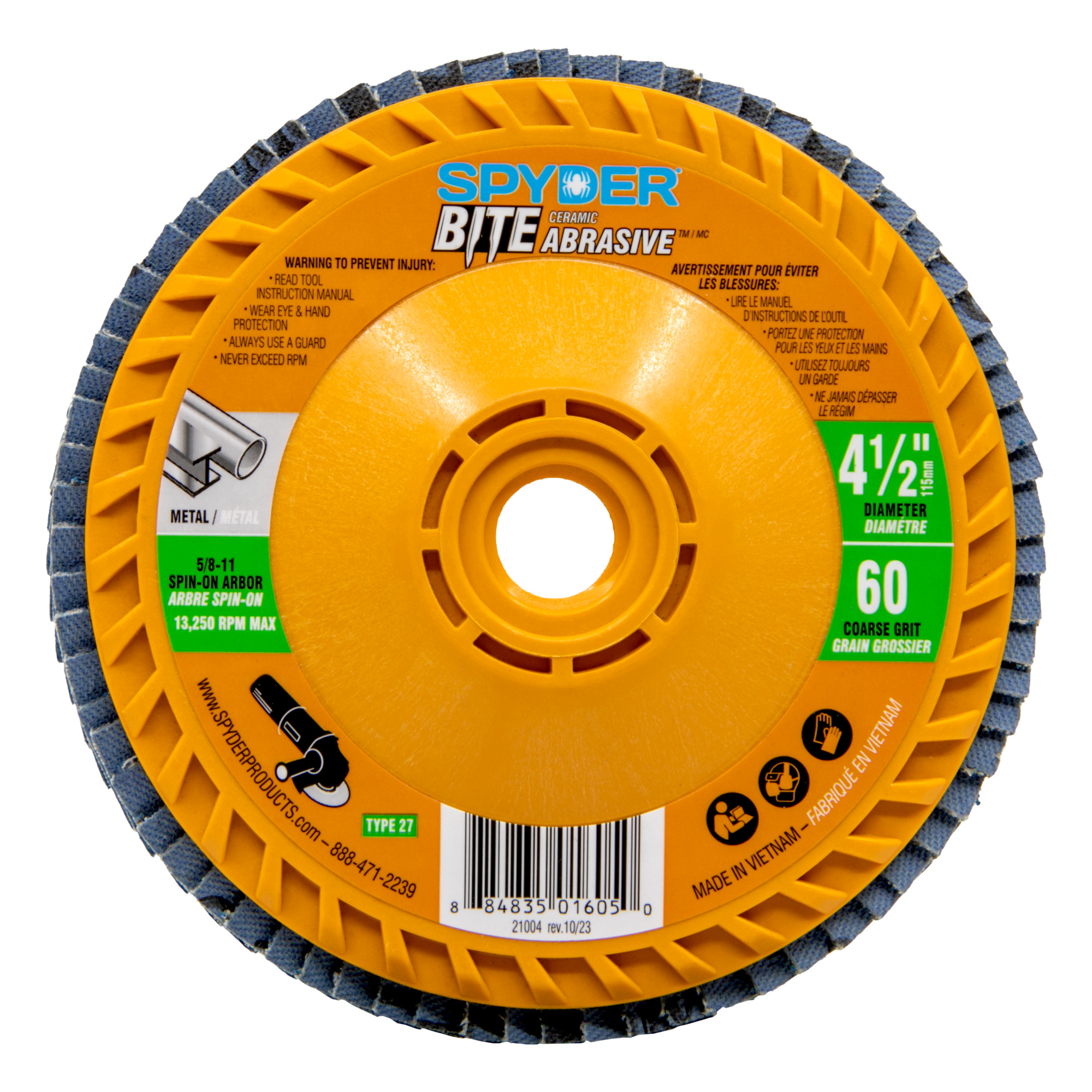 SPYDER, Bite 4.5in. Ceramic 60-Grit Flap Disc, Wheel Diameter 4.5