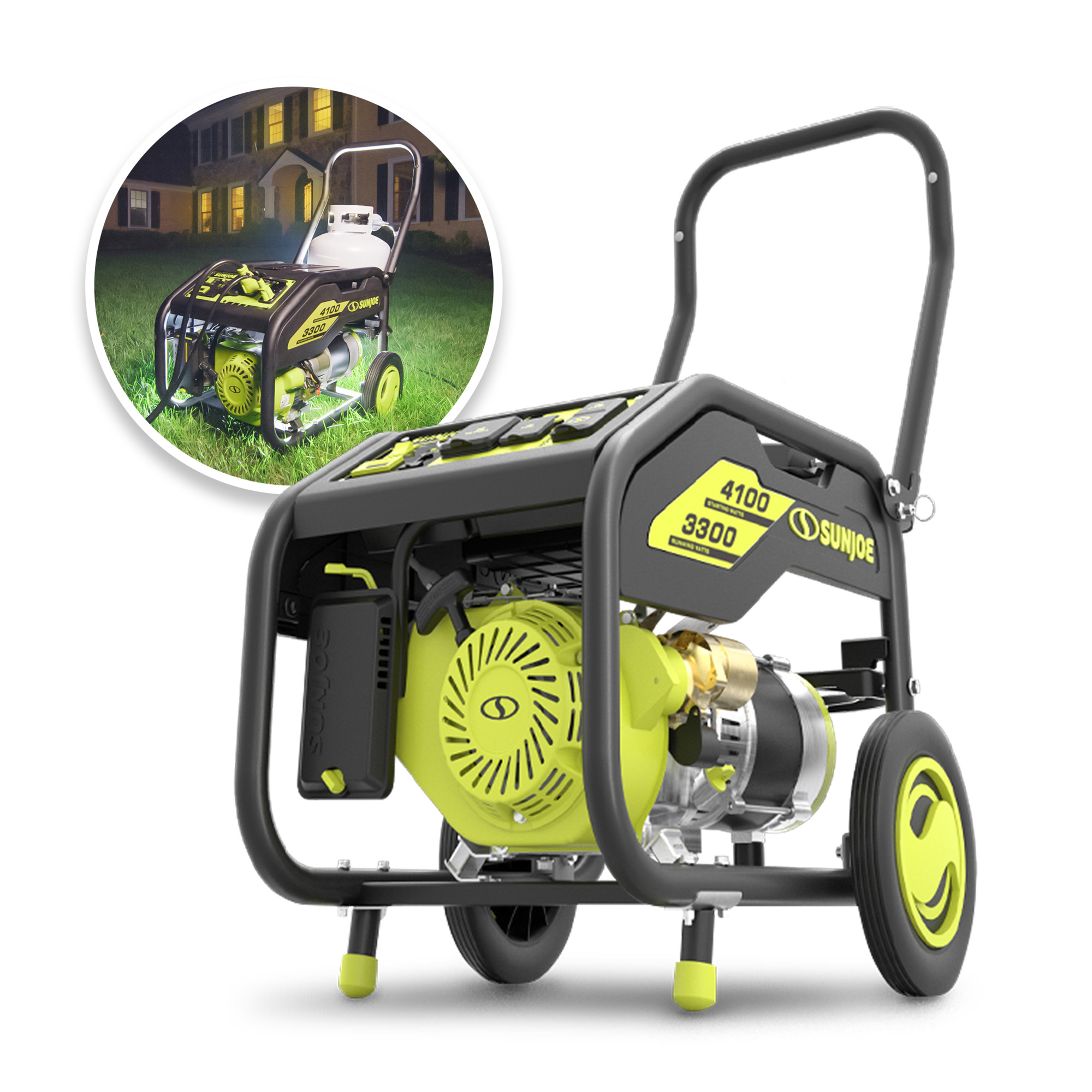 Sun Joe Power Joe Portable Propane Generator — 4100 Starting Watts, 3300 Running Watts, Push-Button Electric & Recoil Start, 24V 2.0Ah Battery, Model# SJG4100LP-TV1