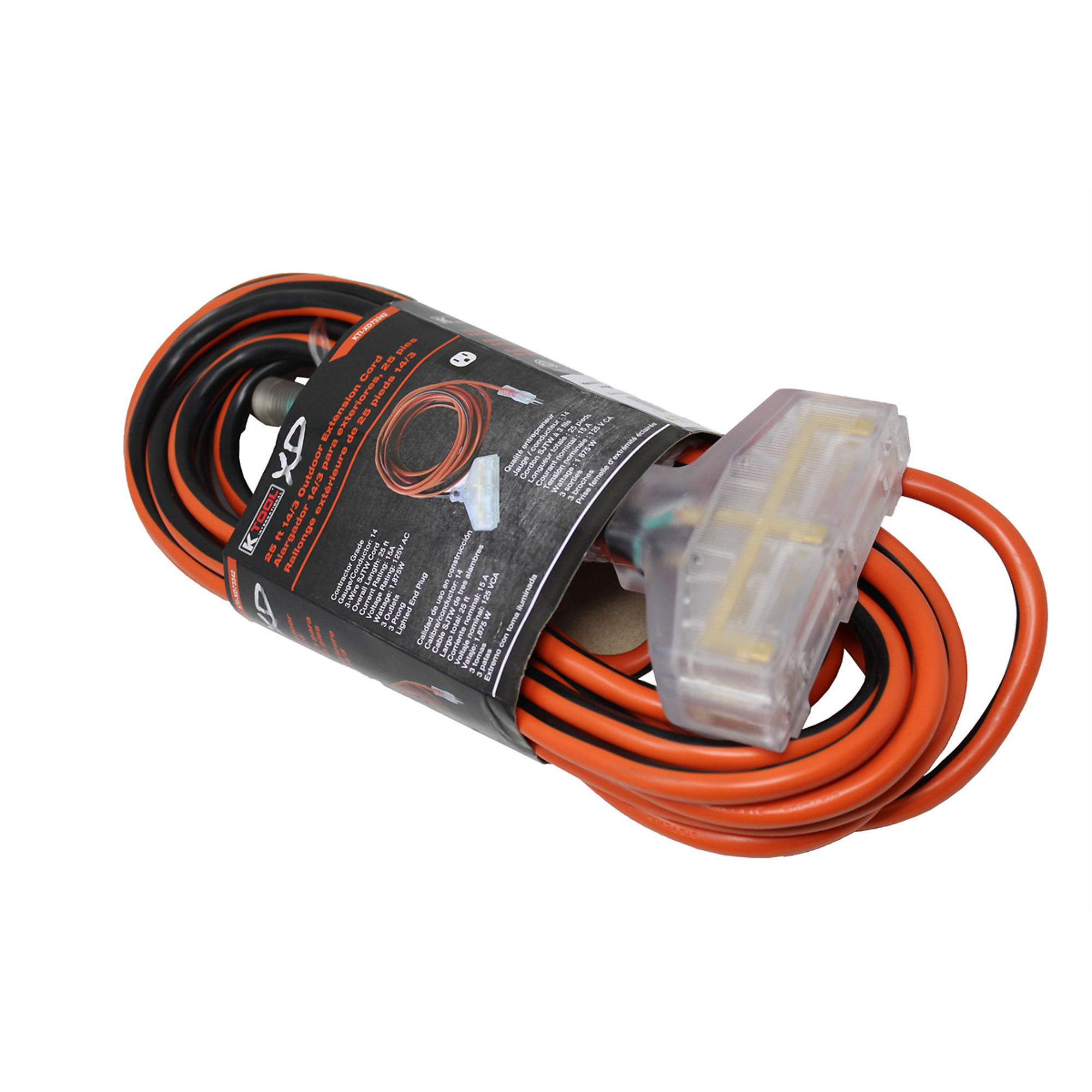 K Tool International Triple Tap Extension Cord — 25ft., 14/3 Gauge, Model# KTIXD73342