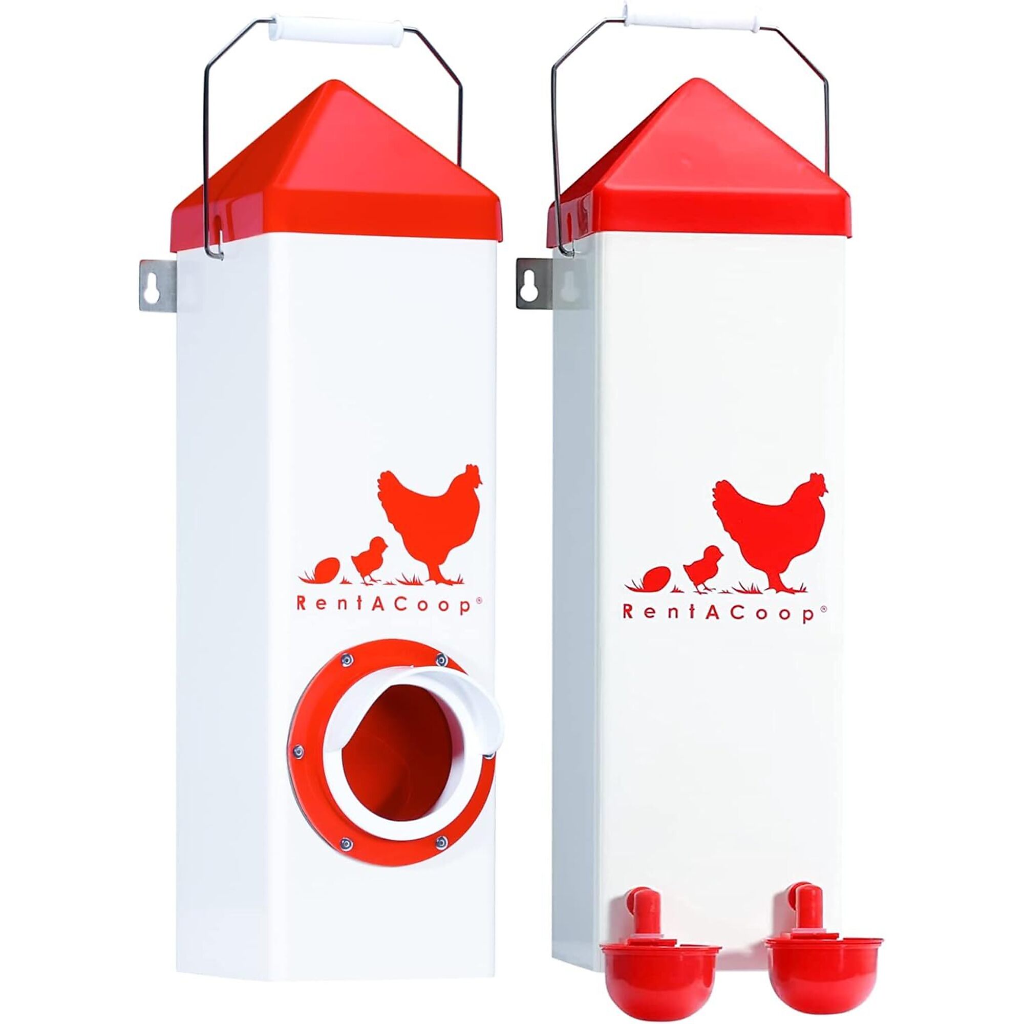 RentACoop, 10 Lb. Single Port Feeder & 2 Gal Waterer High Rise Set - Features 2 Autofill Cups and 2 Horizontal Nipples, Mounting Kits, and Anti-Roost Lids, Model# D5-8HF8-E0BE